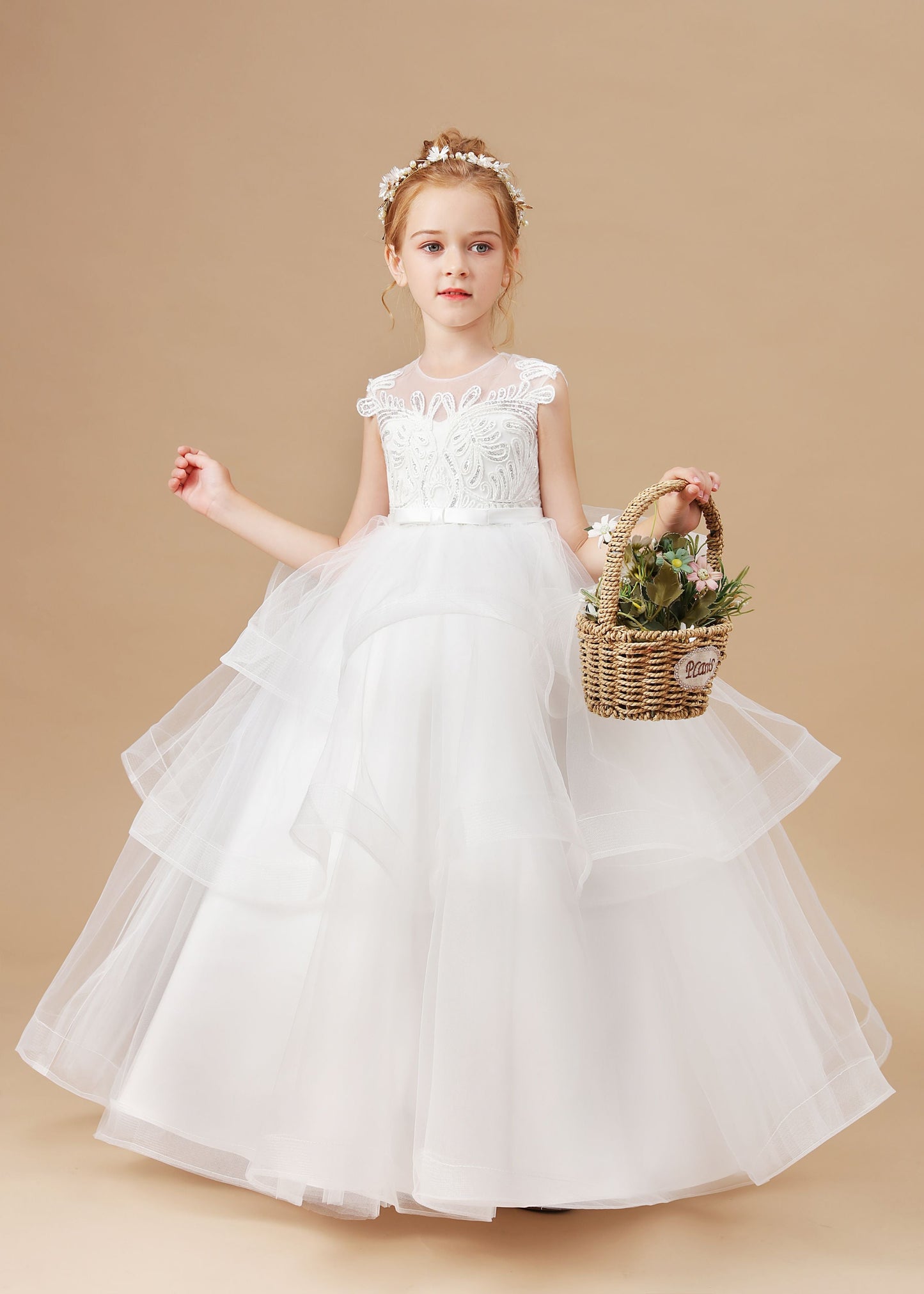 Ivory Multi-layered Tulle Ruffled Satin Flower Girl Dresses With Bow