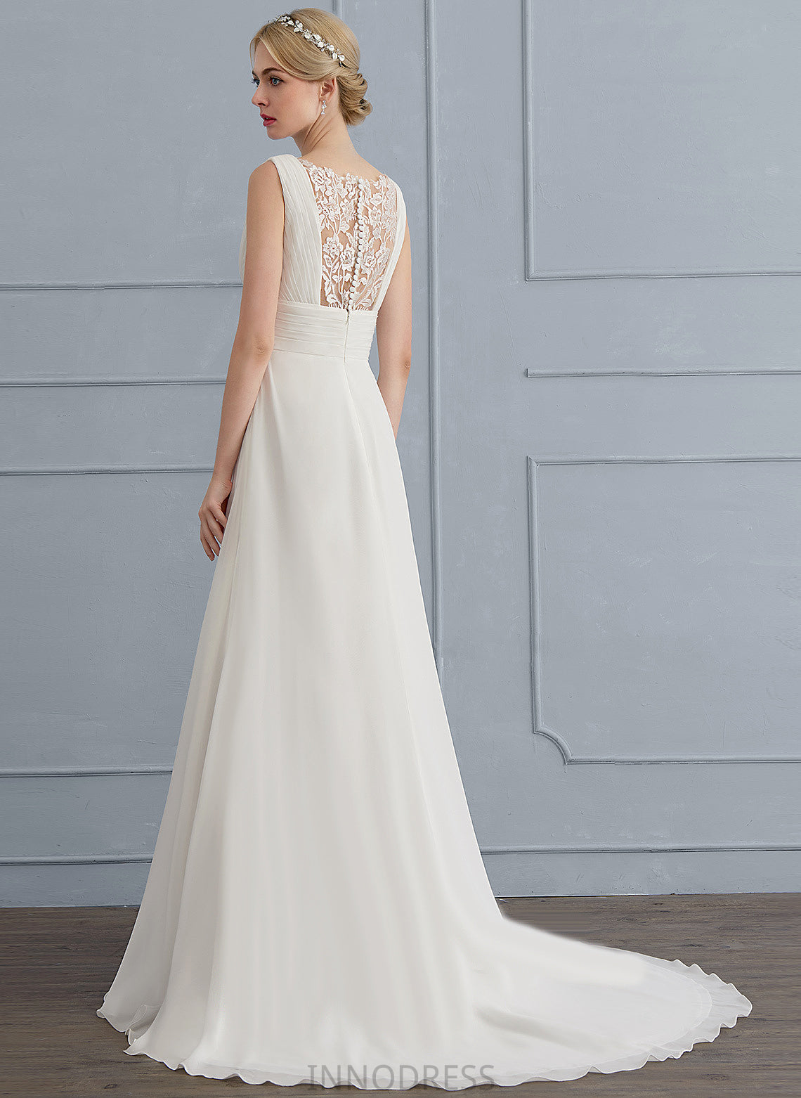 Train Wedding Dresses With Lace Wedding Mimi Ruffle Dress Chiffon A-Line V-neck Sweep