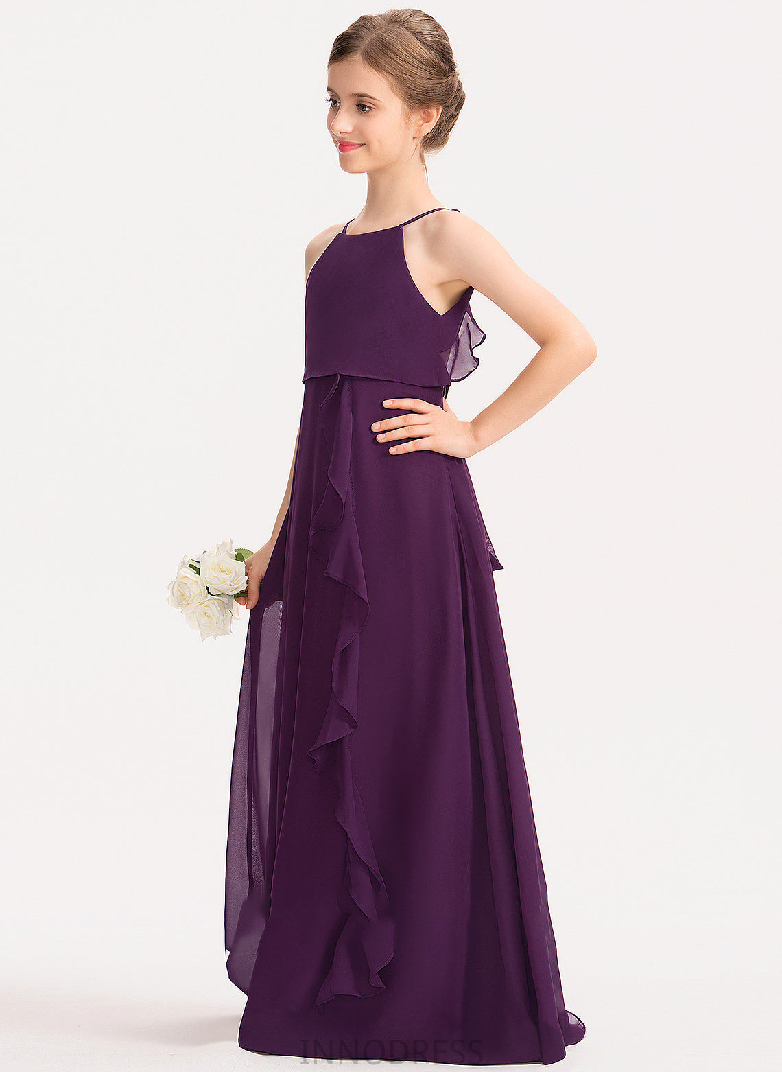 Scoop Bow(s) Floor-Length With Chiffon Elsa Cascading Junior Bridesmaid Dresses Neck Ruffles A-Line