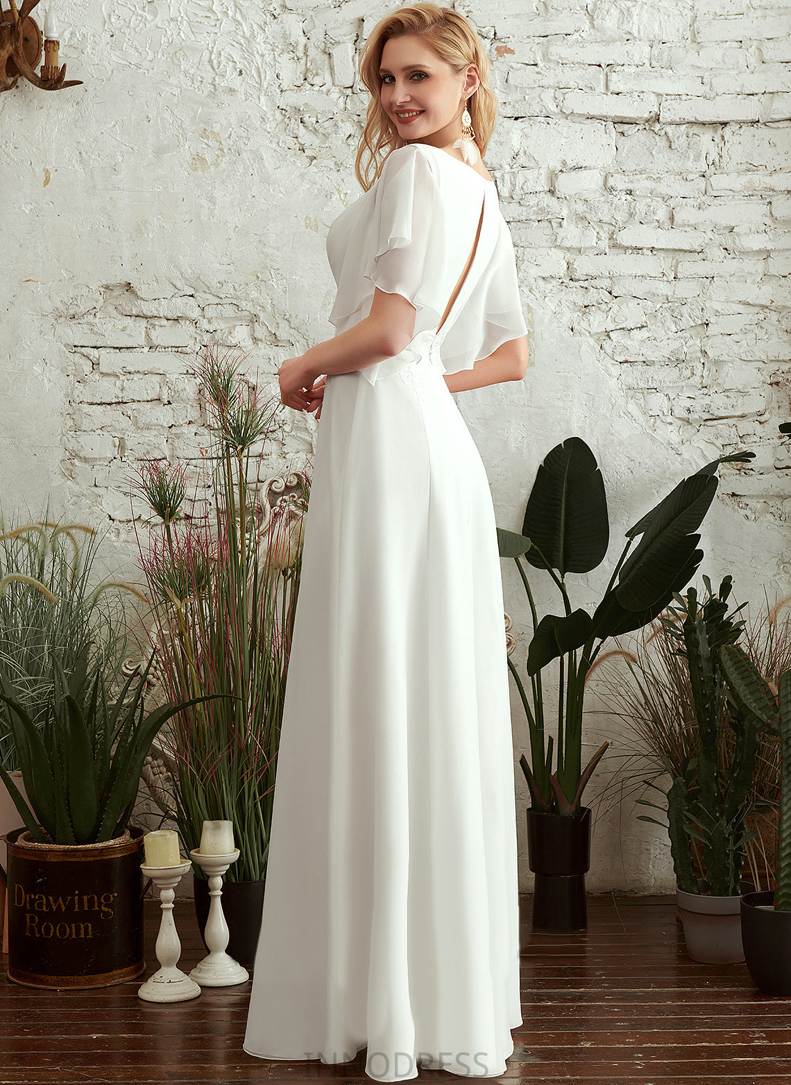 With A-Line Kirsten Wedding Wedding Dresses Front Chiffon Floor-Length Lace Dress Split V-neck