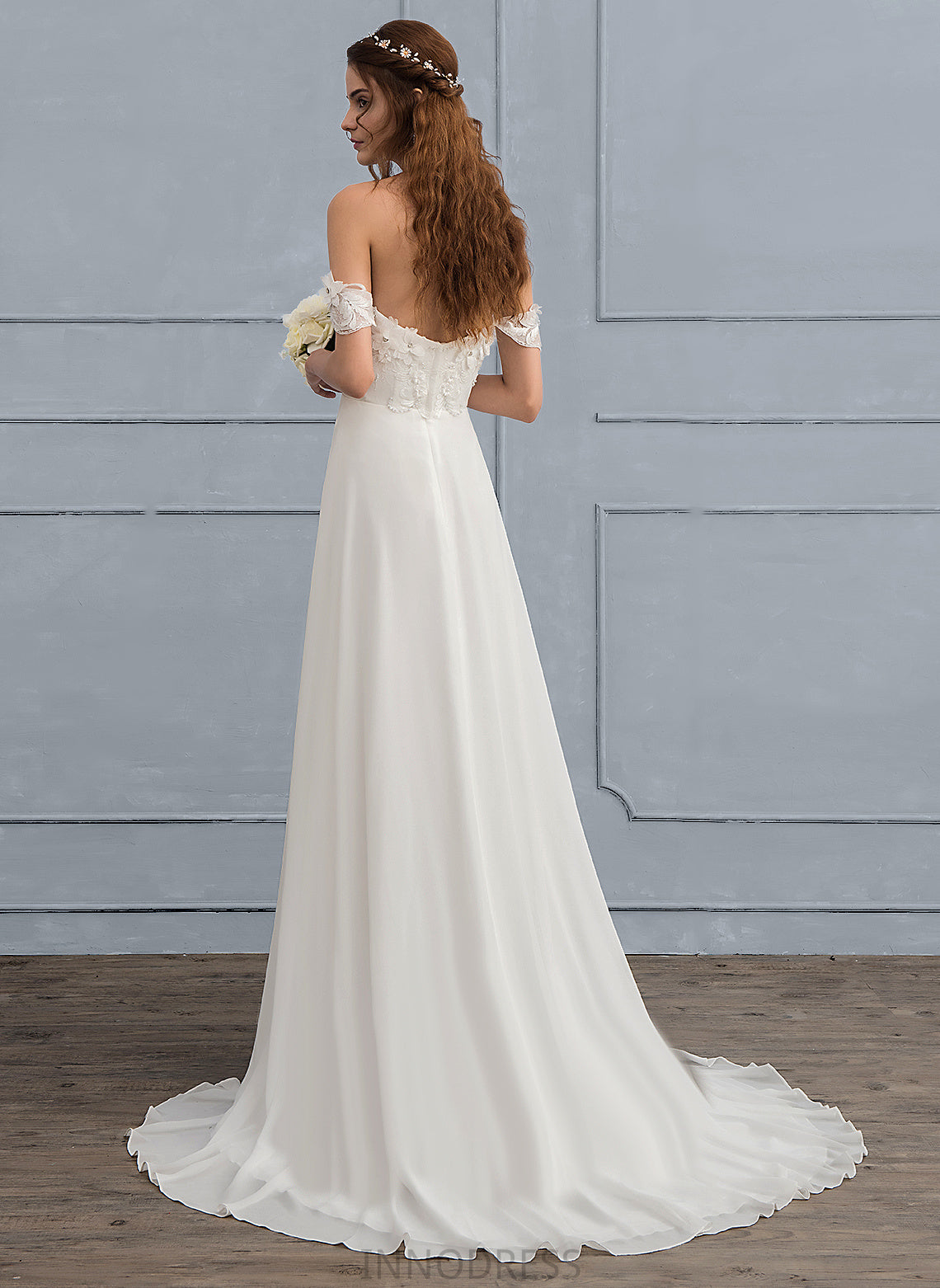 With Wedding Flower(s) Adison A-Line Train Beading Lace Wedding Dresses Sweep Off-the-Shoulder Chiffon Dress