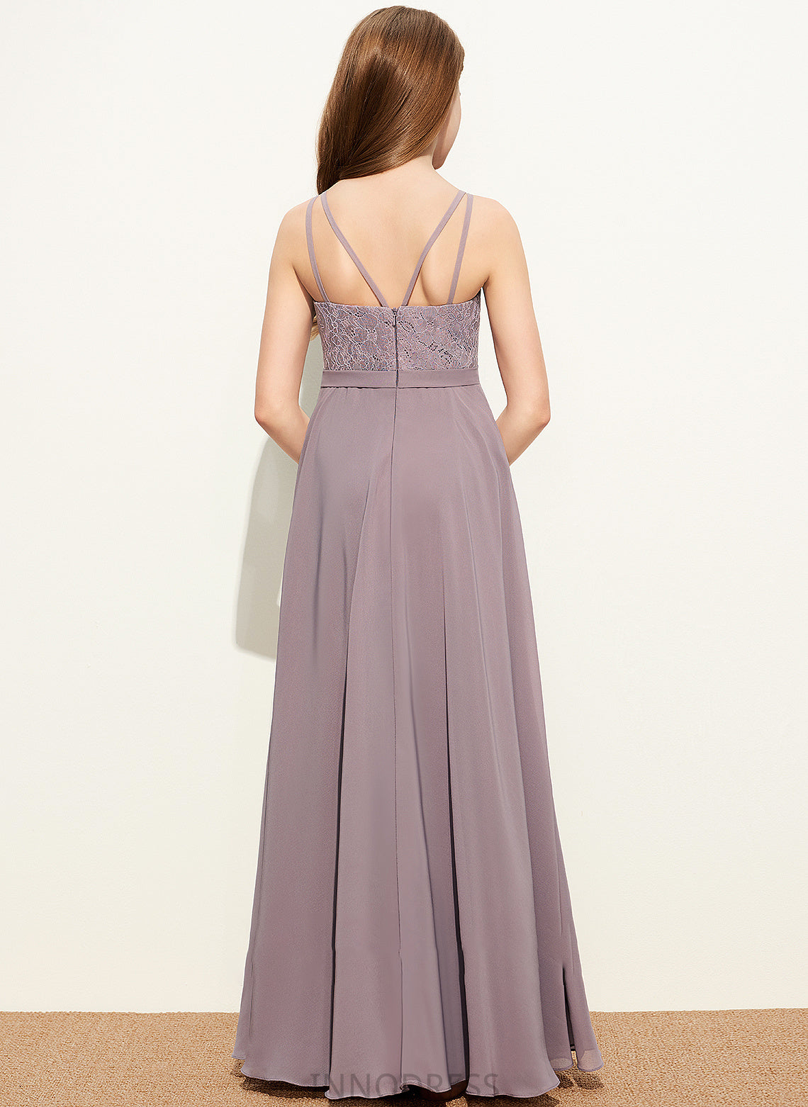 A-Line Chiffon V-neck Carlee Lace Floor-Length Junior Bridesmaid Dresses