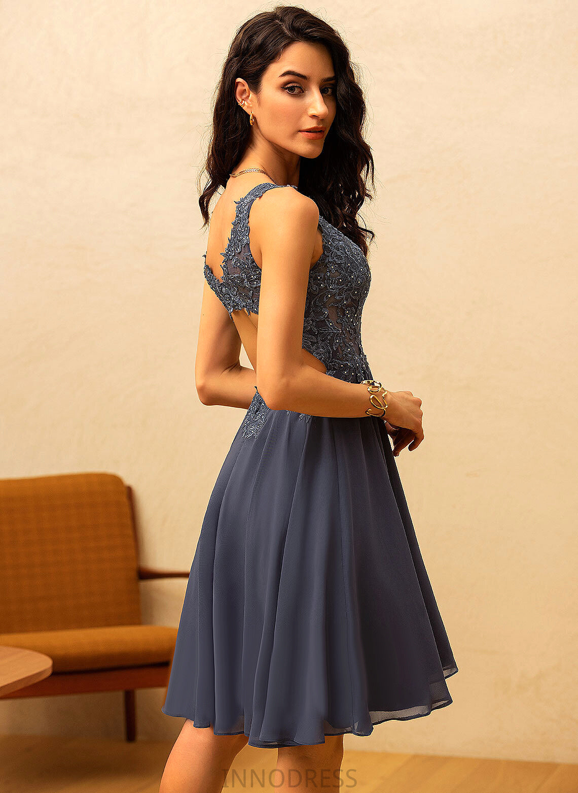 V-neck Beading Silhouette A-Line Embellishment Length Short/Mini Fabric Neckline Kianna Bridesmaid Dresses