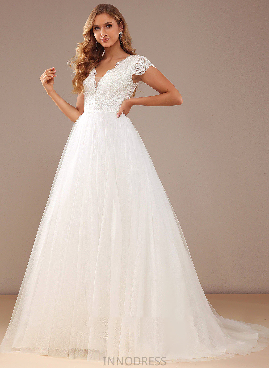 Court Train Dress With Sequins Lace Melina Tulle Lace V-neck Wedding Ball-Gown/Princess Wedding Dresses