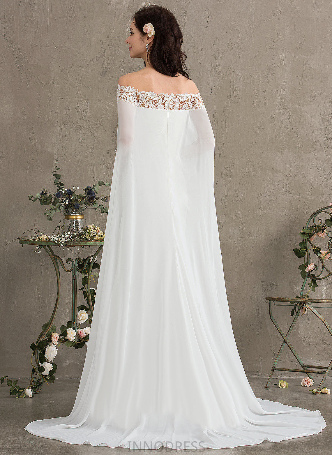 Court Wedding Dresses With Lace Dress Off-the-Shoulder Lace Wedding Chiffon Jeanie Sheath/Column Train