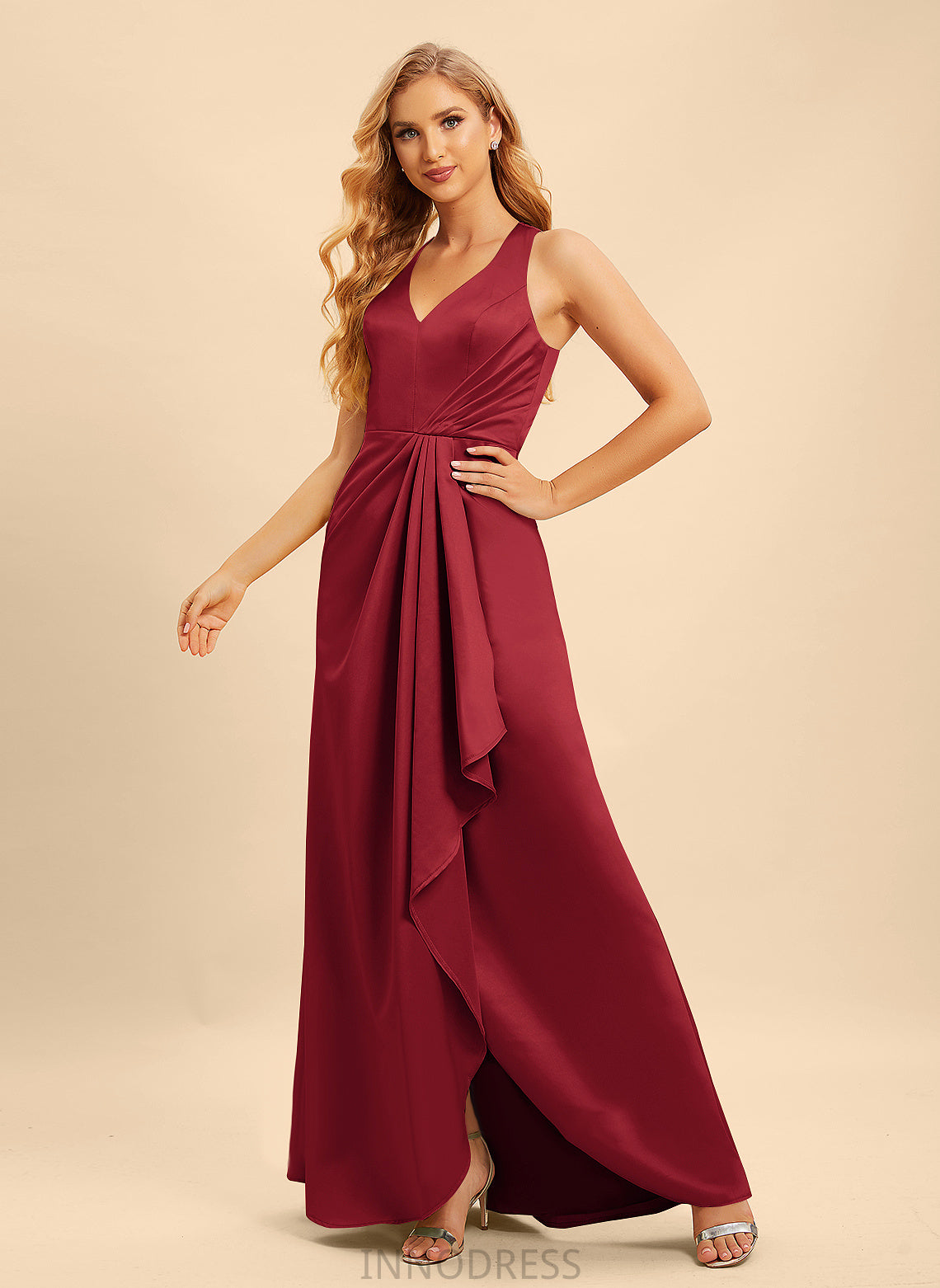 Embellishment Fabric SplitFront Floor-Length Silhouette Ruffle Neckline Length V-neck A-Line Brianna Sleeveless Bridesmaid Dresses