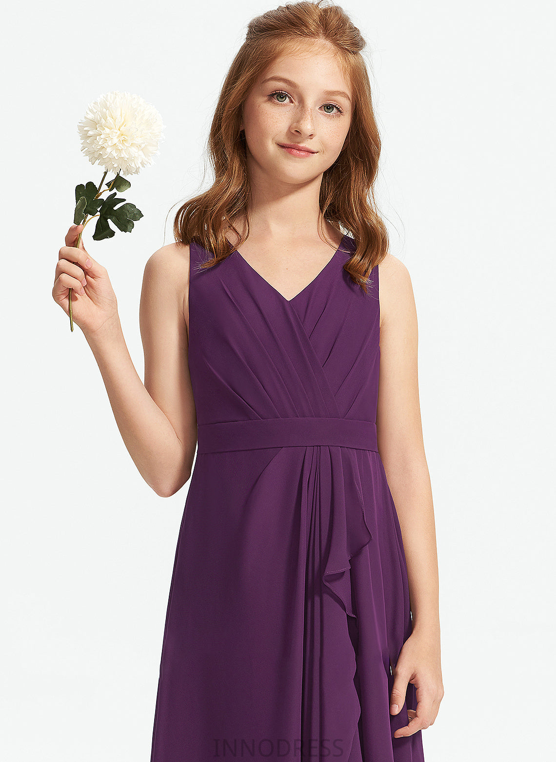 Floor-Length Chiffon Ruffles With Ayla A-Line Junior Bridesmaid Dresses V-neck