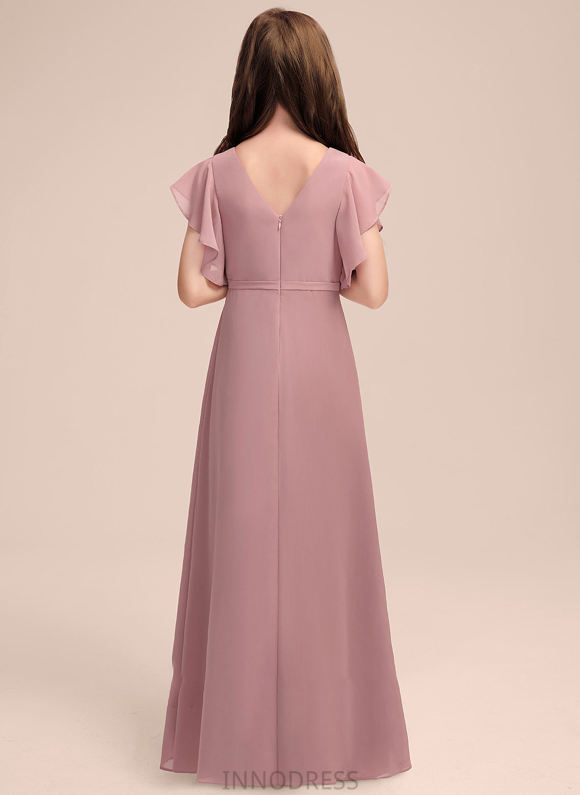 Cascading V-neck With Crystal Floor-Length Ruffles A-Line Junior Bridesmaid Dresses Chiffon