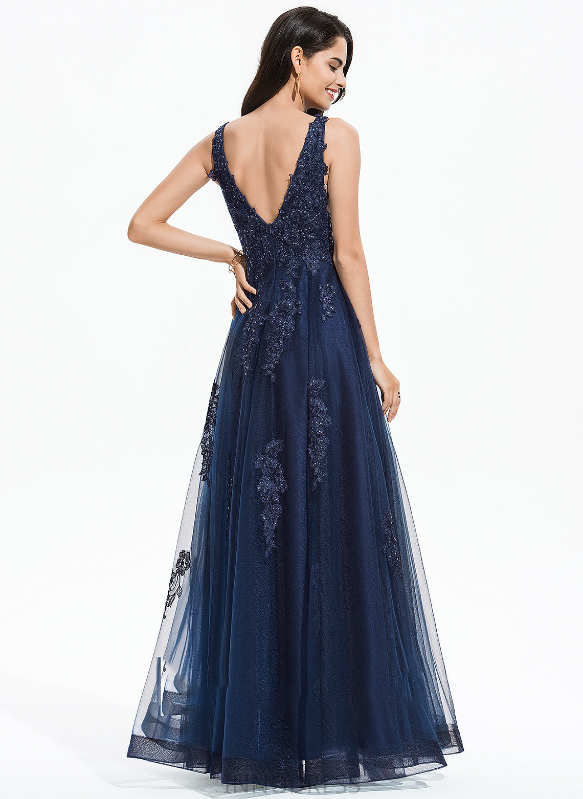 V-neck Prom Dresses Floor-Length Renata Tulle With A-Line Sequins Lace