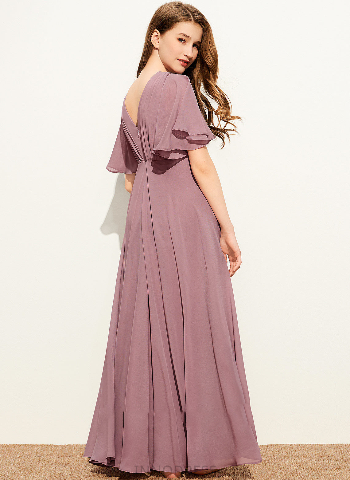 Floor-Length With Chiffon Dulce Ruffle A-Line Junior Bridesmaid Dresses V-neck