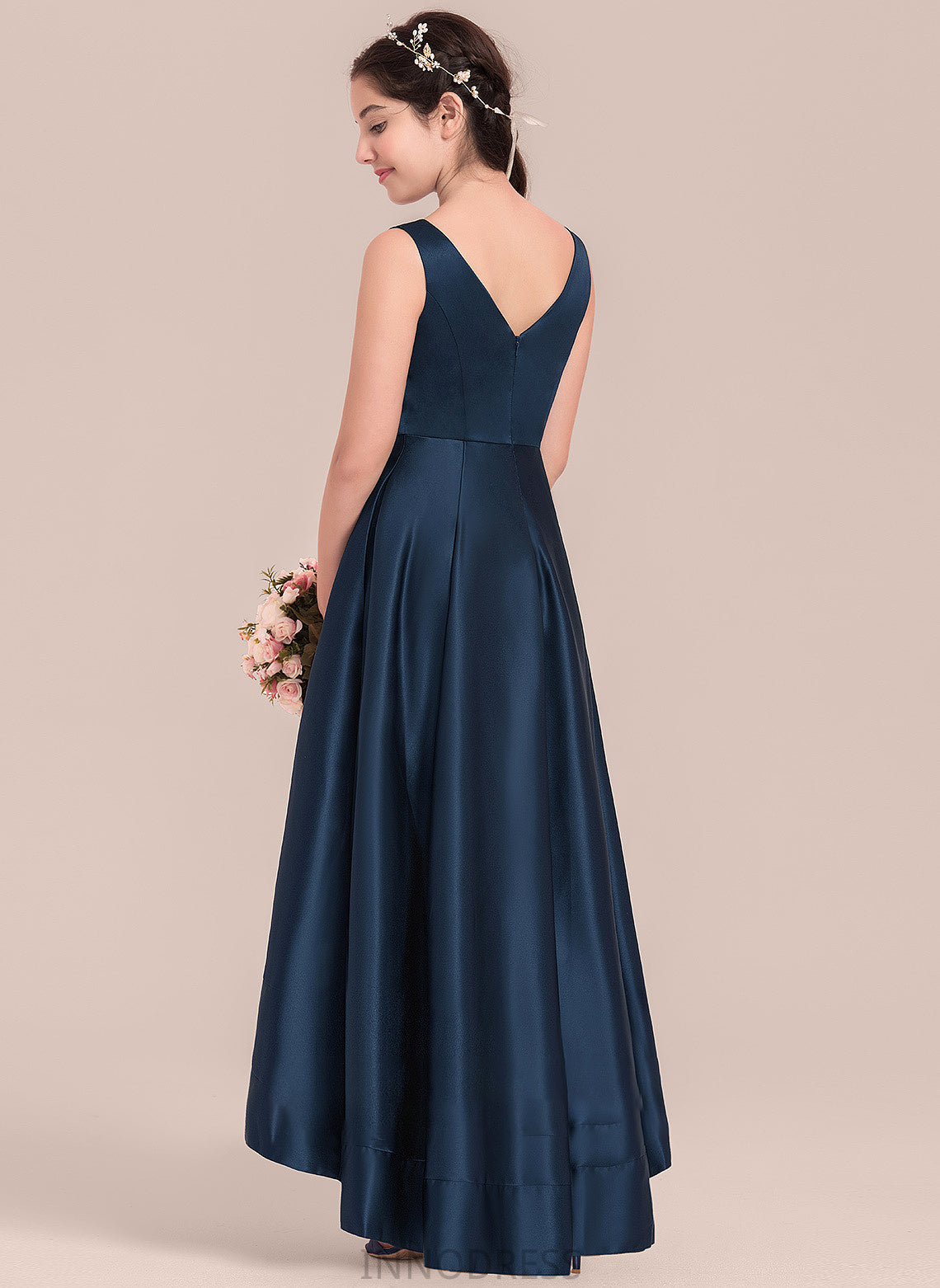 Satin V-neck Asymmetrical Junior Bridesmaid Dresses A-Line Natalee