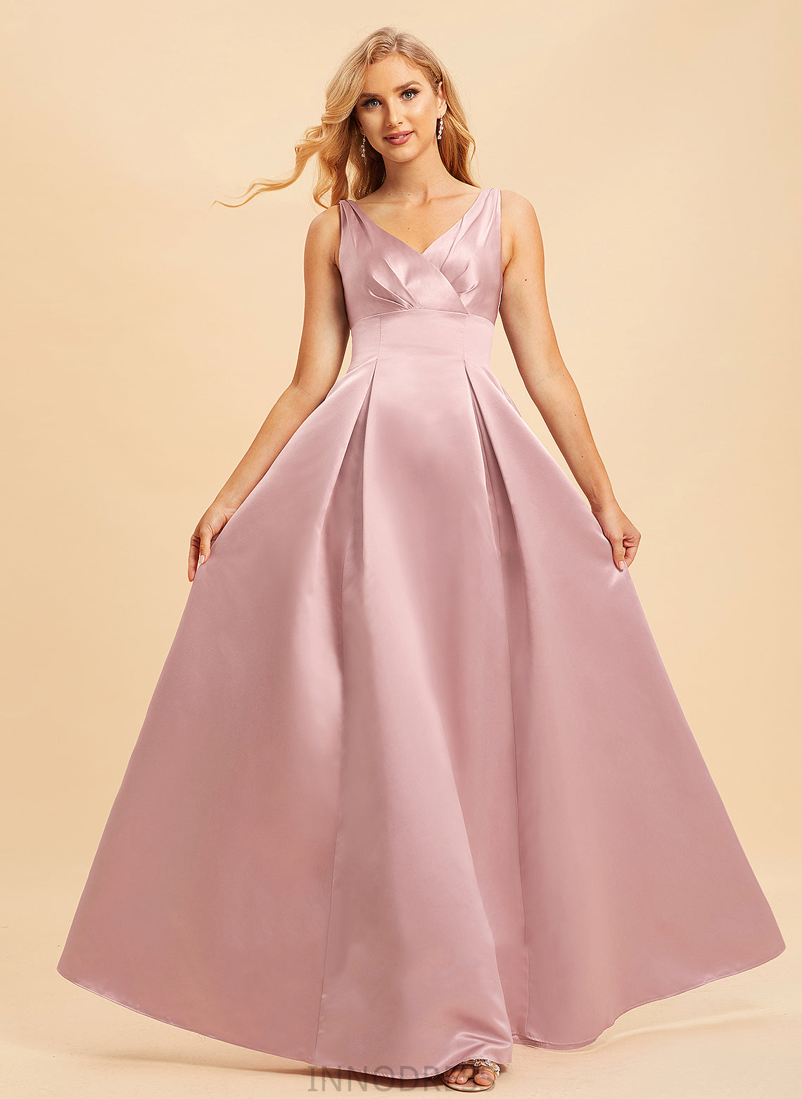 Straps A-Line Satin Length Silhouette V-neck Floor-Length Neckline Fabric Amanda Sleeveless Natural Waist Bridesmaid Dresses