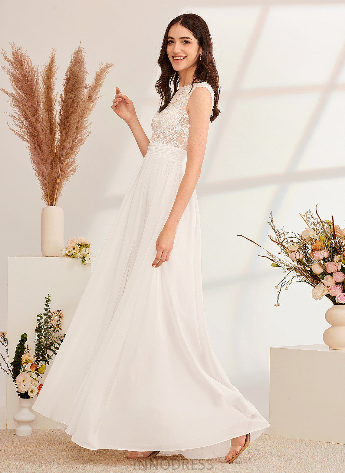 With Shyla A-Line Dress Wedding Split Floor-Length Wedding Dresses Illusion Beading Front