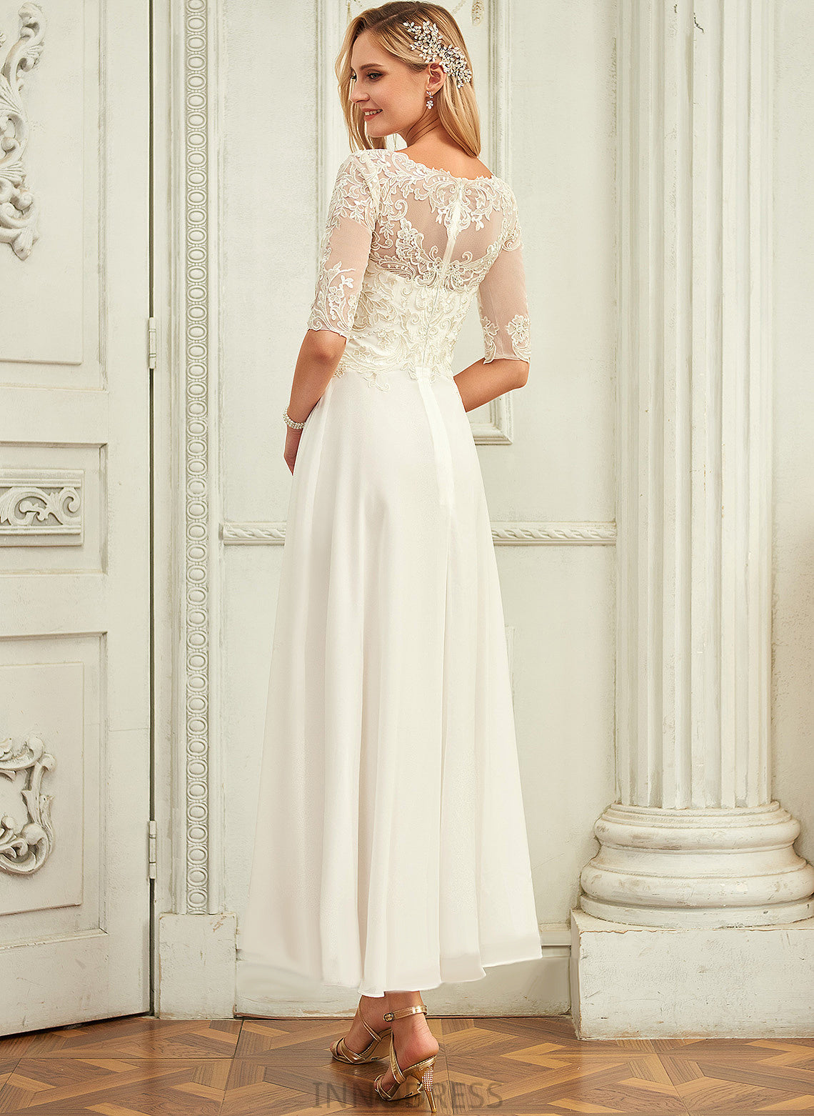 With A-Line Asymmetrical Wedding Dresses Sequins Chiffon Dress Scoop Lace Beading Melody Wedding