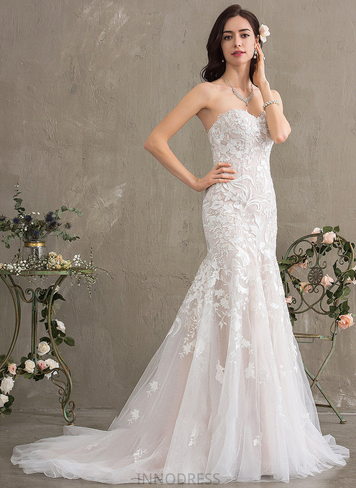 Trumpet/Mermaid Wedding Train Court Tulle Dress Sweetheart Wedding Dresses Lace Elaine