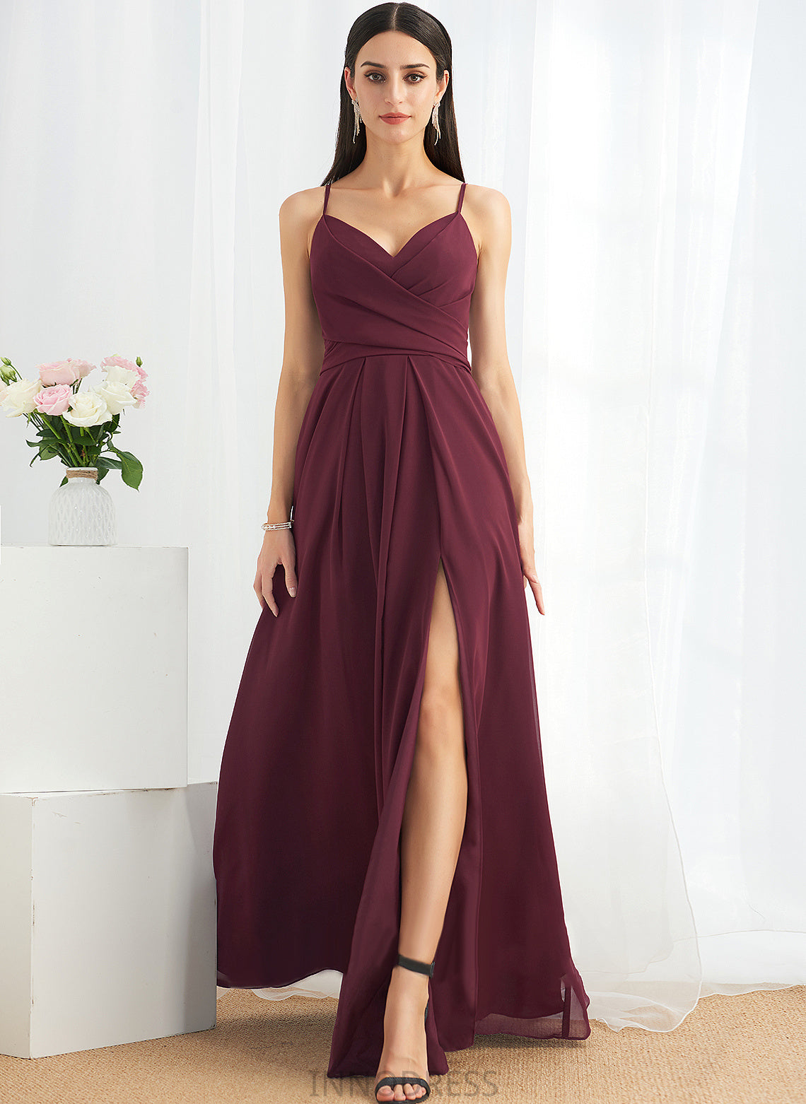 Ruffle V-neck SplitFront Length Fabric Floor-Length Embellishment A-Line Neckline Silhouette Kelly Natural Waist Bridesmaid Dresses