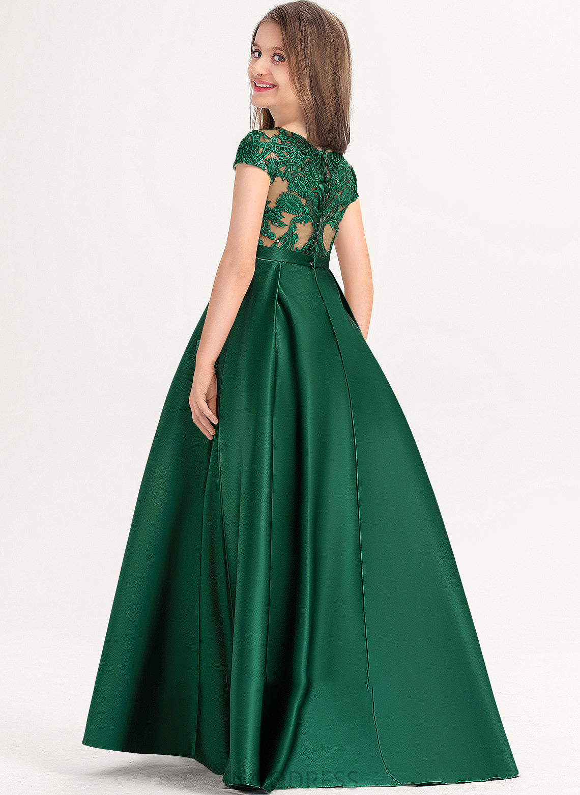 Pockets Floor-Length With Anya Neck Satin Junior Bridesmaid Dresses Bow(s) Ball-Gown/Princess Scoop Lace