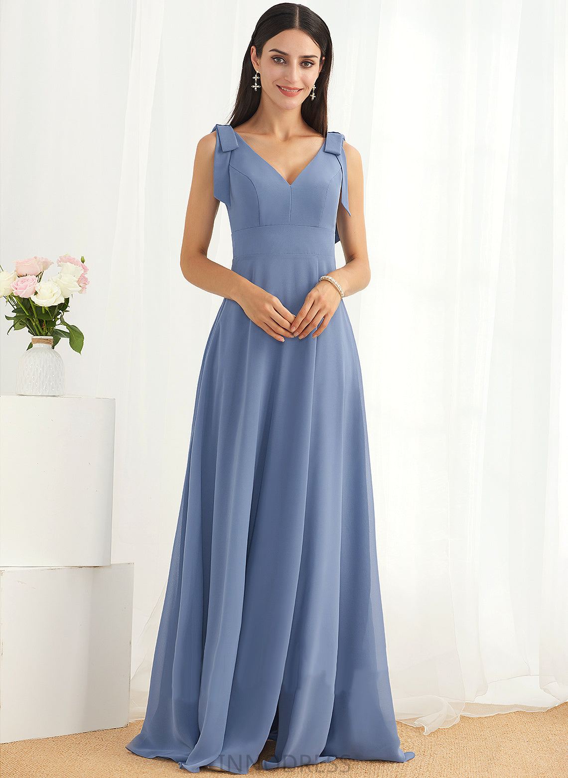 V-neck A-Line SplitFront Neckline Floor-Length Embellishment Length Fabric Silhouette Bow(s) Samara Natural Waist Bridesmaid Dresses