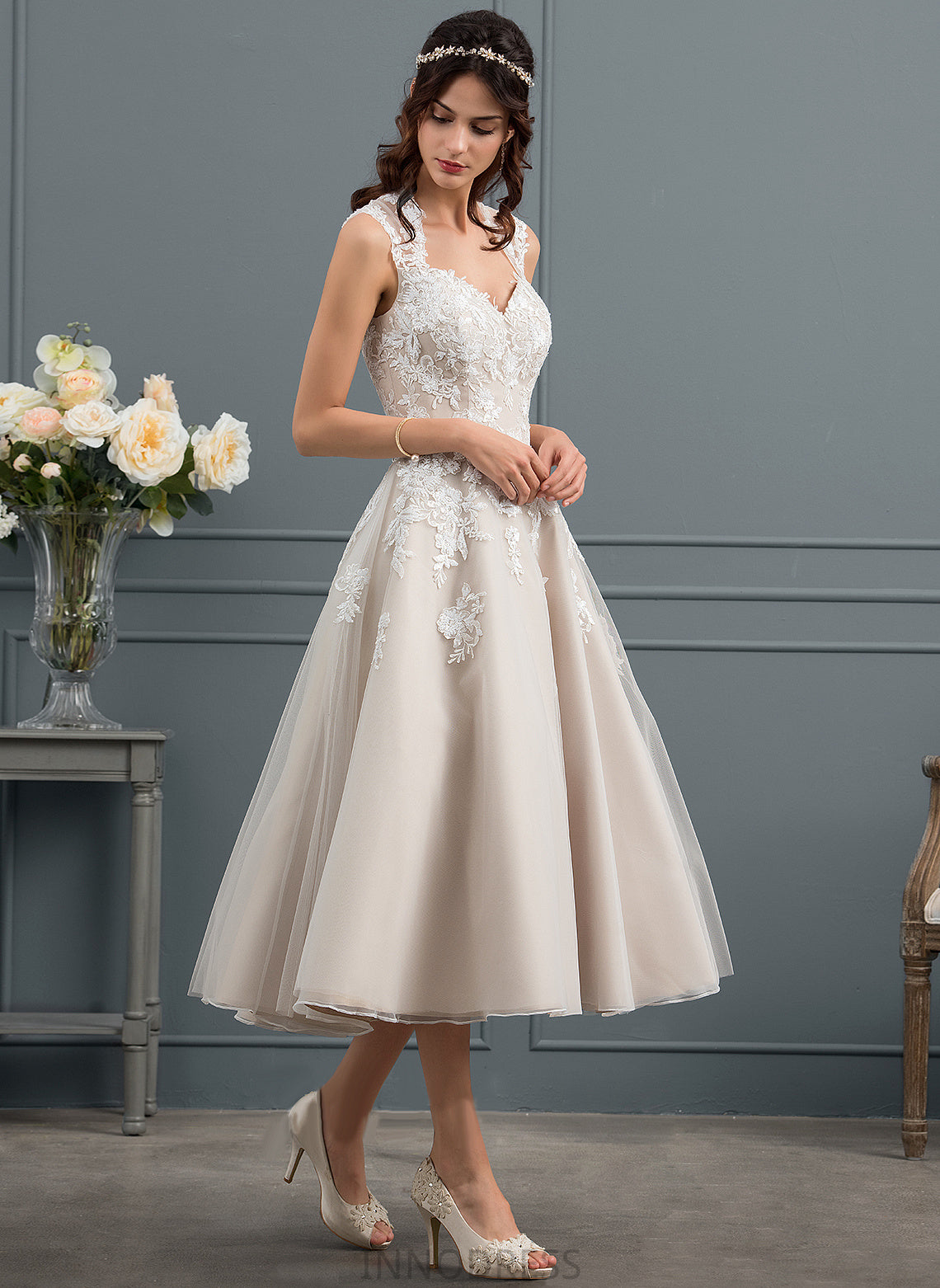 Tea-Length Kaylen Wedding With Dress Wedding Dresses Sequins Lace Sweetheart Ball-Gown/Princess Tulle