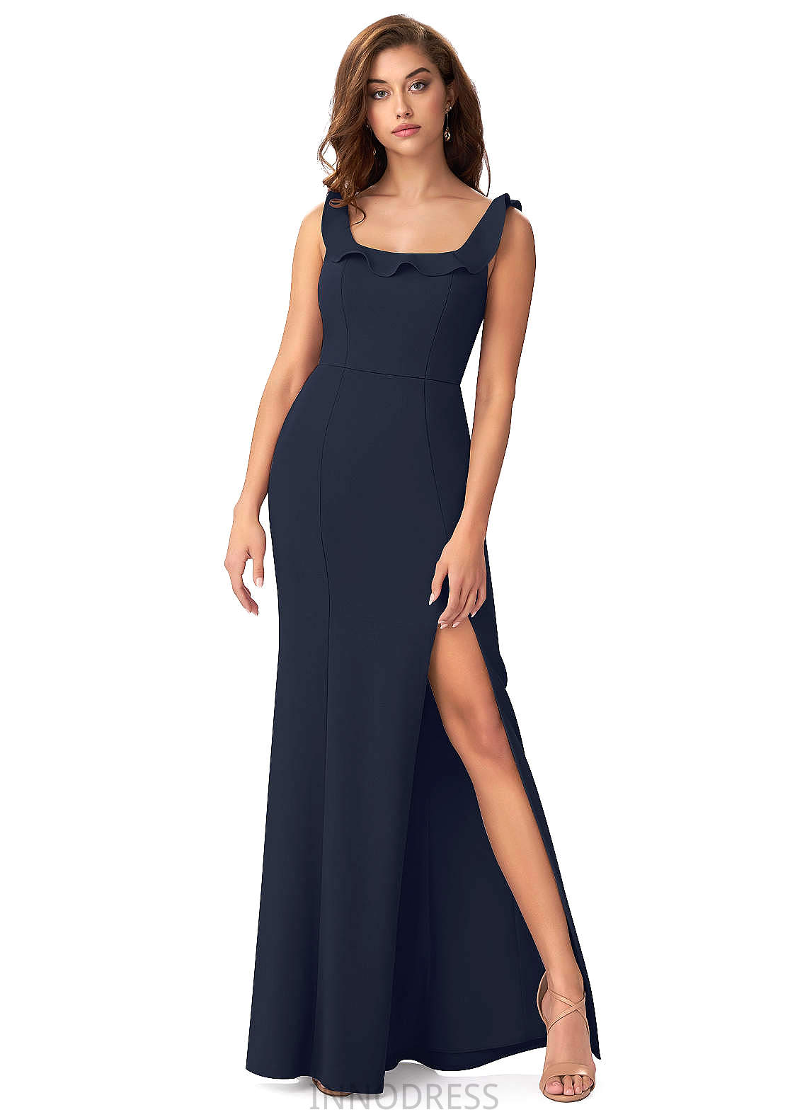 Mildred Spaghetti Staps Tea Length Natural Waist Sleeveless Satin Sheath/Column Bridesmaid Dresses