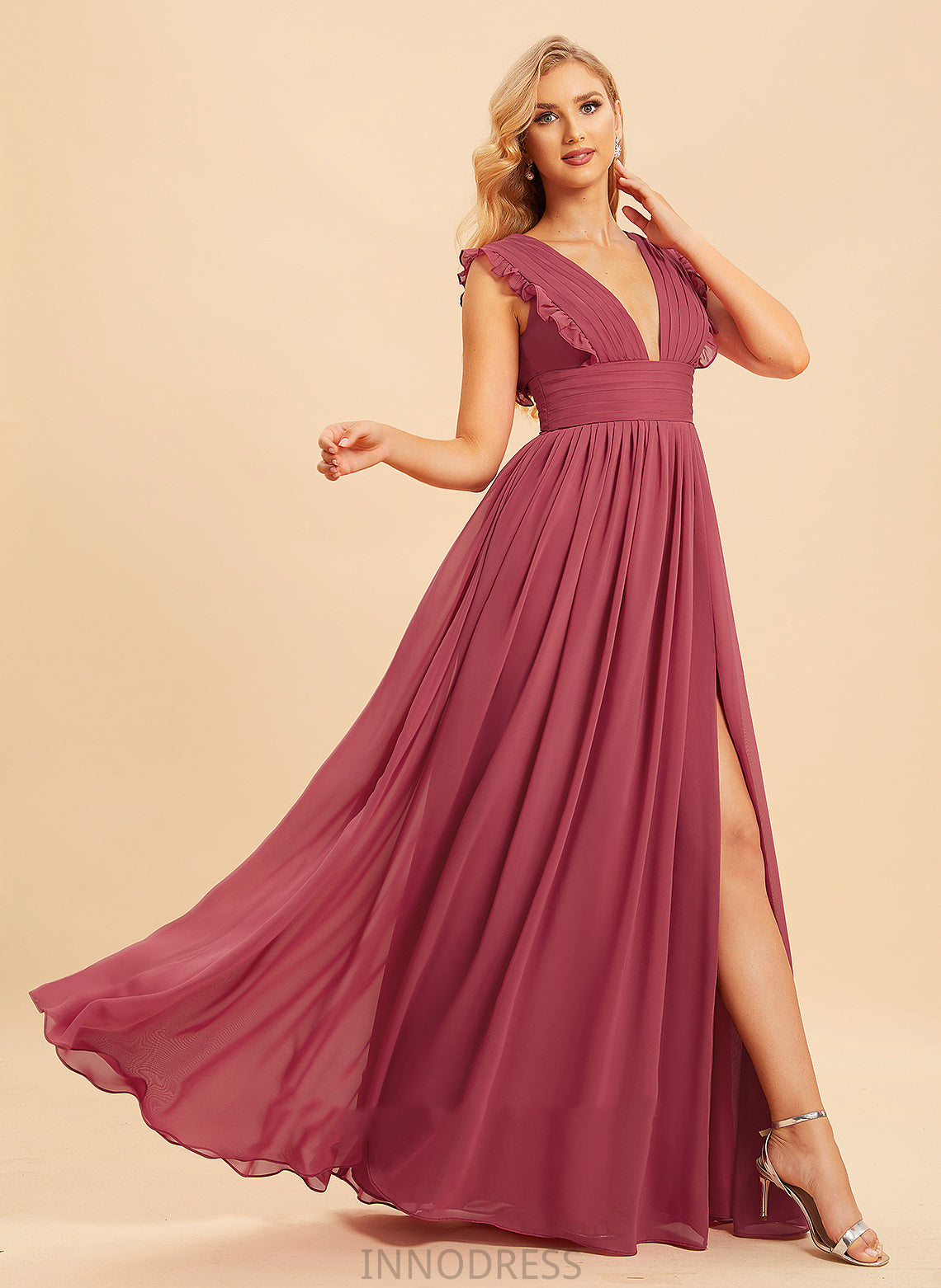 A-Line Neckline Fabric Ruffle Silhouette Floor-Length Length V-neck Embellishment SplitFront Marissa A-Line/Princess Bridesmaid Dresses