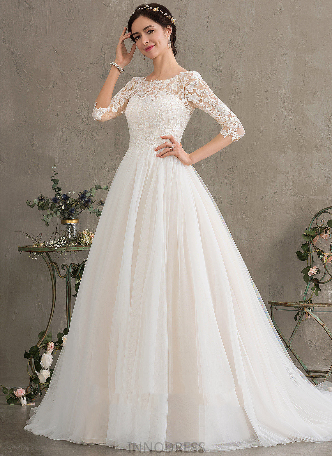 With Wedding Court Lace Elsa Train Sequins Wedding Dresses Tulle Ball-Gown/Princess Scoop Neck Dress