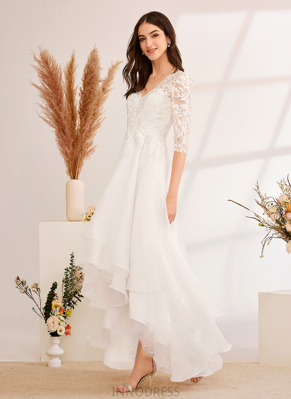 Asymmetrical Sequins Beading Wedding Dresses With Lilyana Dress Wedding V-neck A-Line