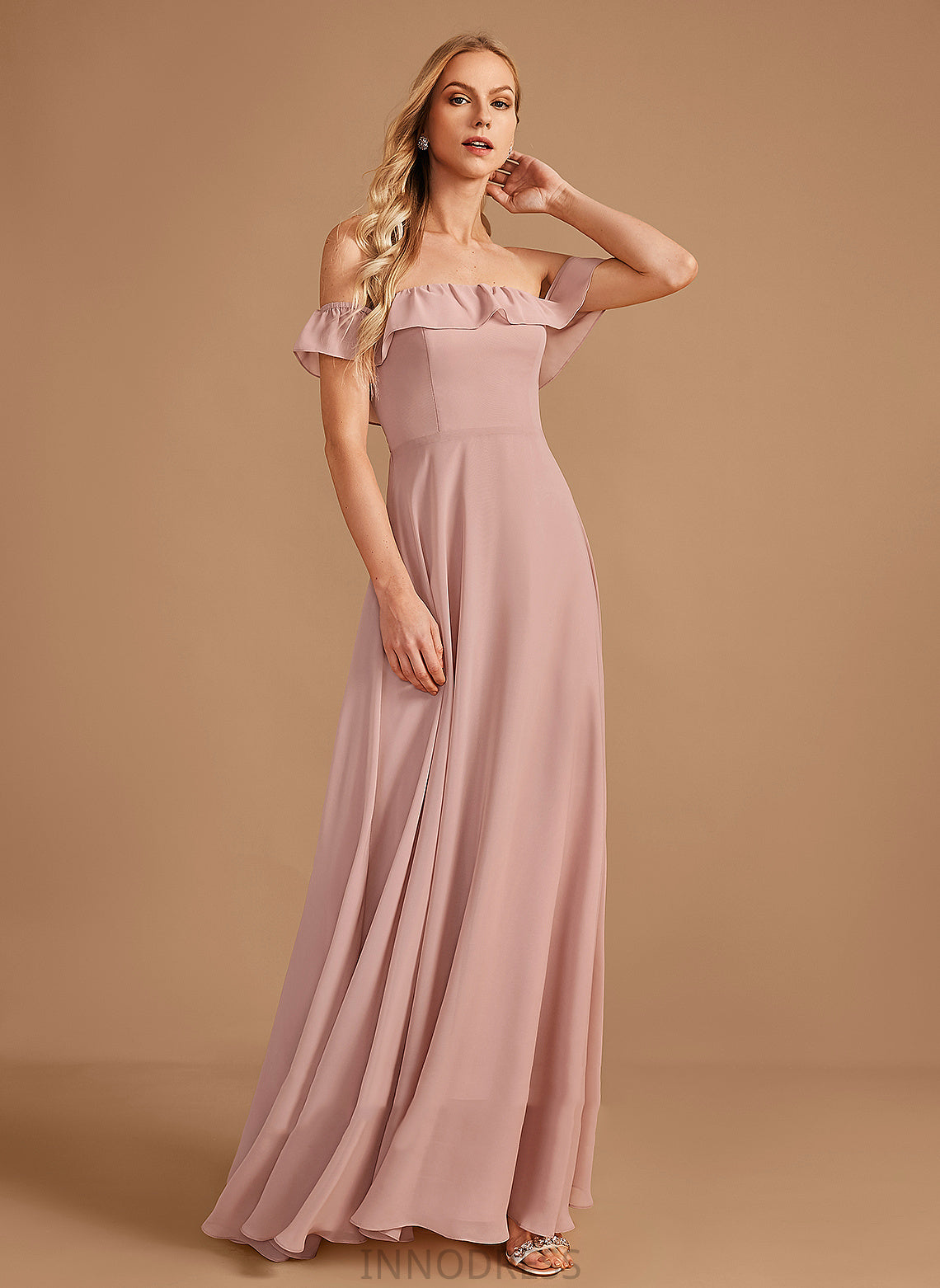 Off-the-Shoulder Fabric Neckline Silhouette Length Embellishment A-Line Ruffle Floor-Length Arabella Spaghetti Staps Sleeveless Bridesmaid Dresses