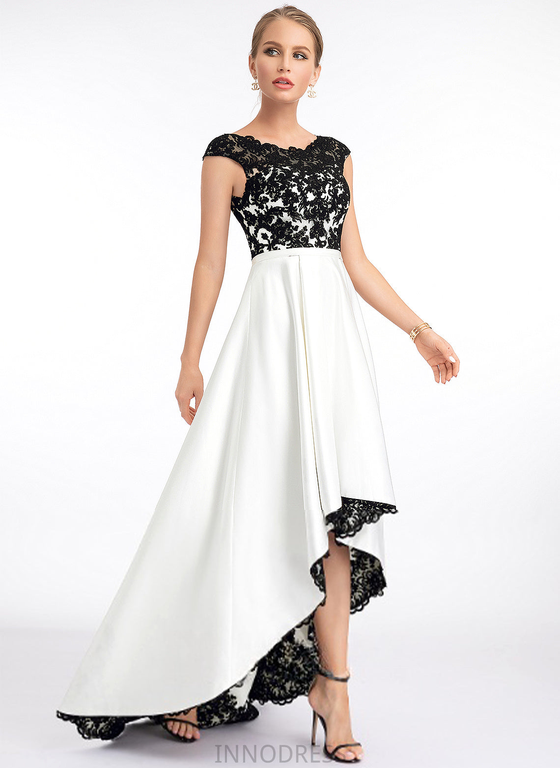 A-Line Prom Dresses Lace Scoop Rosalyn Illusion Asymmetrical Satin