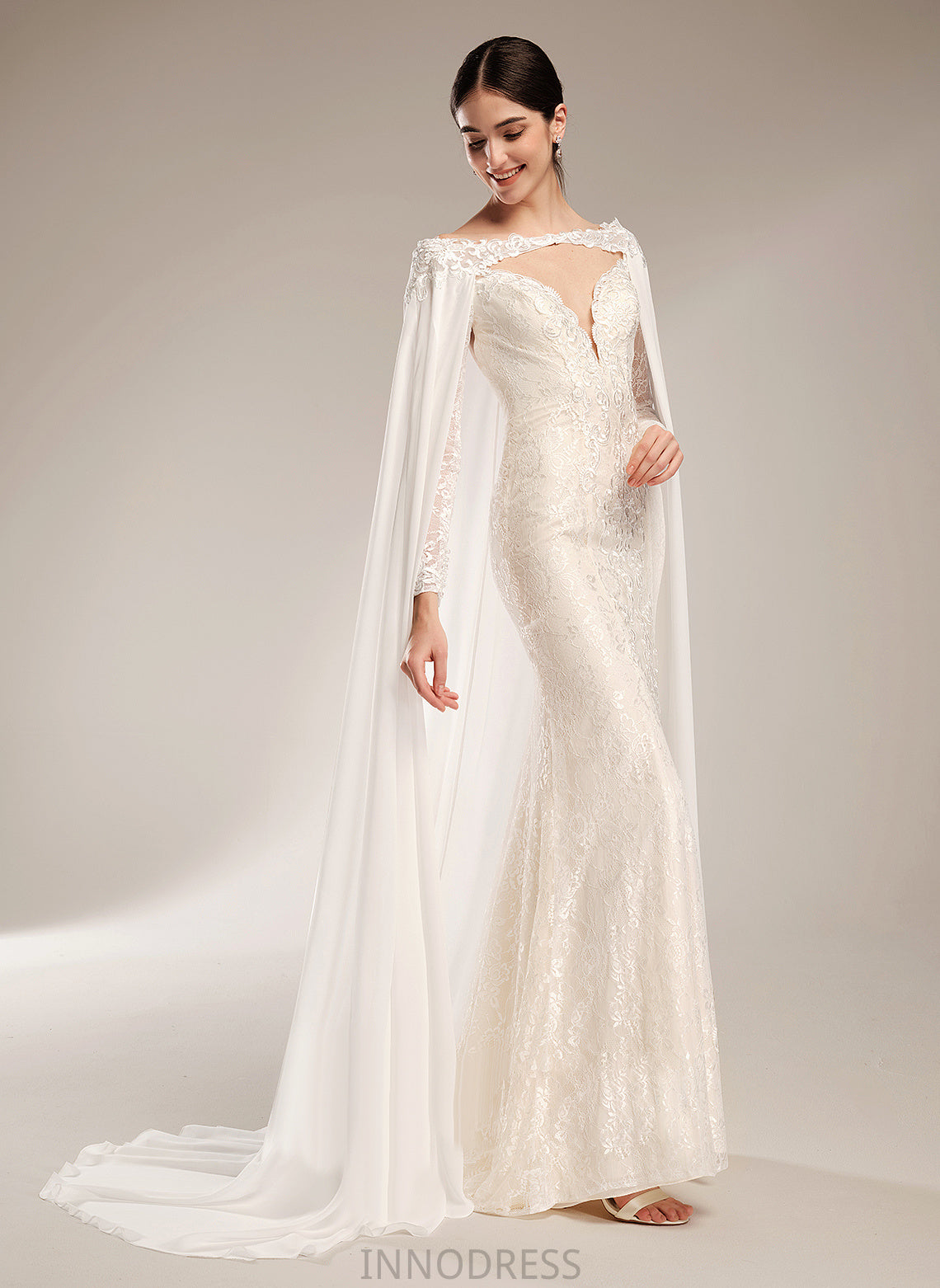 Trumpet/Mermaid Beading Dress With Wedding Dresses Wedding Chiffon Illusion Lace Court Train Allison