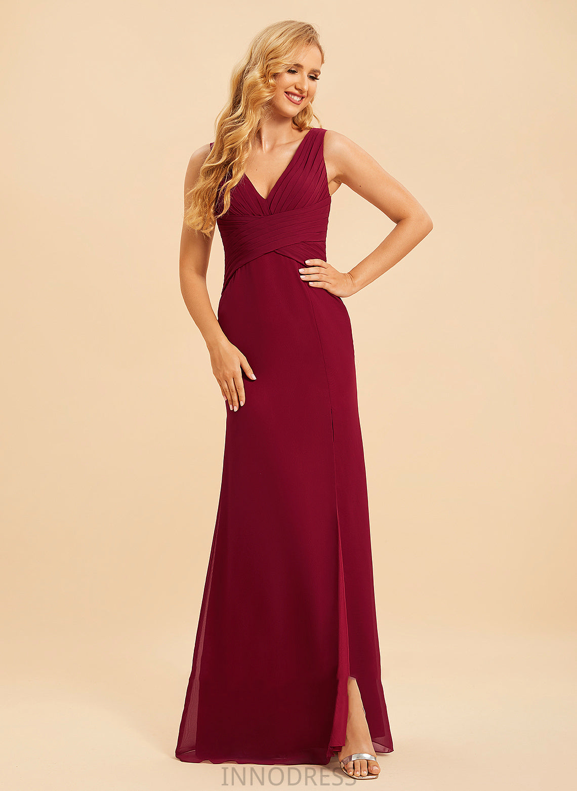 Fabric Neckline Trumpet/Mermaid Length Embellishment Silhouette Floor-Length V-neck SplitFront Adriana Cap Sleeves A-Line/Princess Bridesmaid Dresses