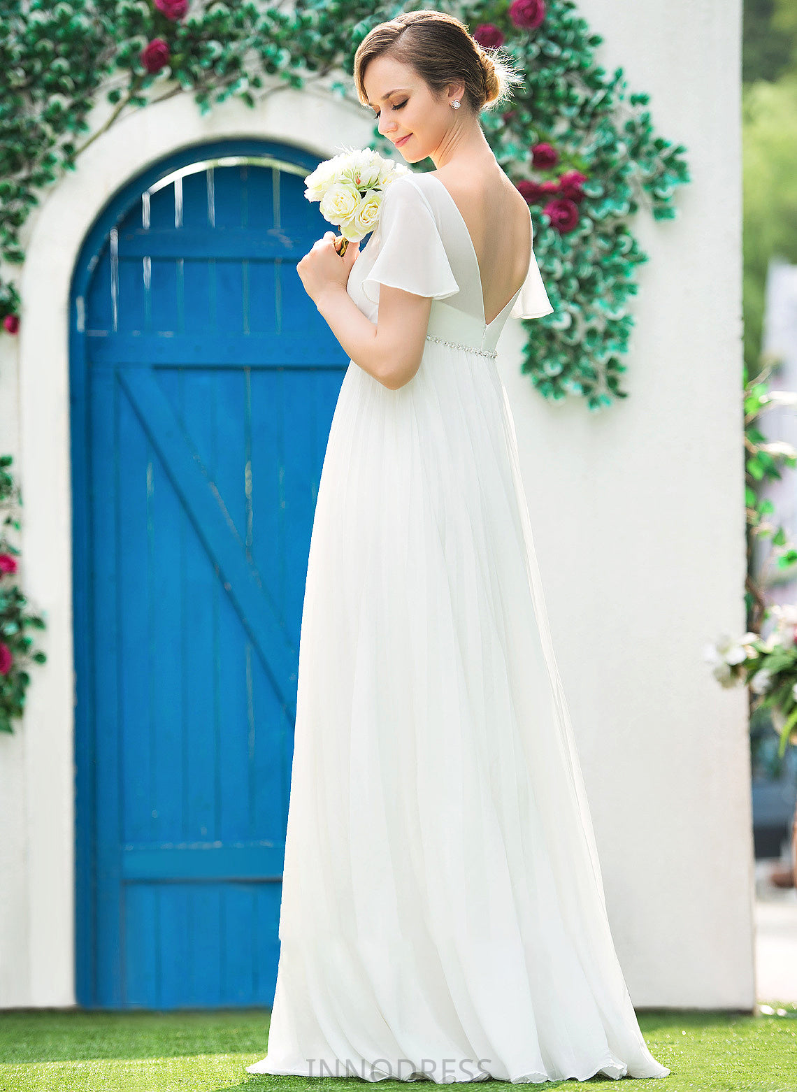 Pleated Wedding Empire Margaret Beading Dress Floor-Length V-neck Chiffon Wedding Dresses With