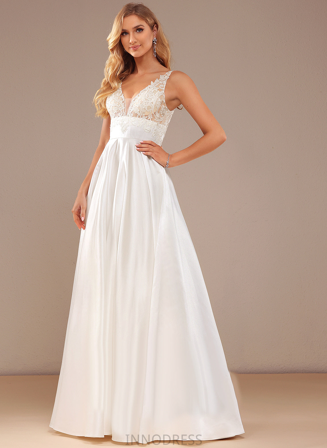 With Dress Ball-Gown/Princess Satin Kendall Lace Wedding Dresses Wedding Pockets Floor-Length Lace V-neck