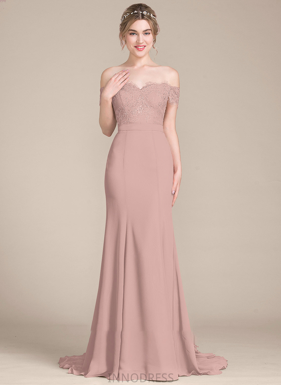 Court Prom Dresses Off-the-Shoulder Trumpet/Mermaid Train Lace Natalee With Chiffon Sequins