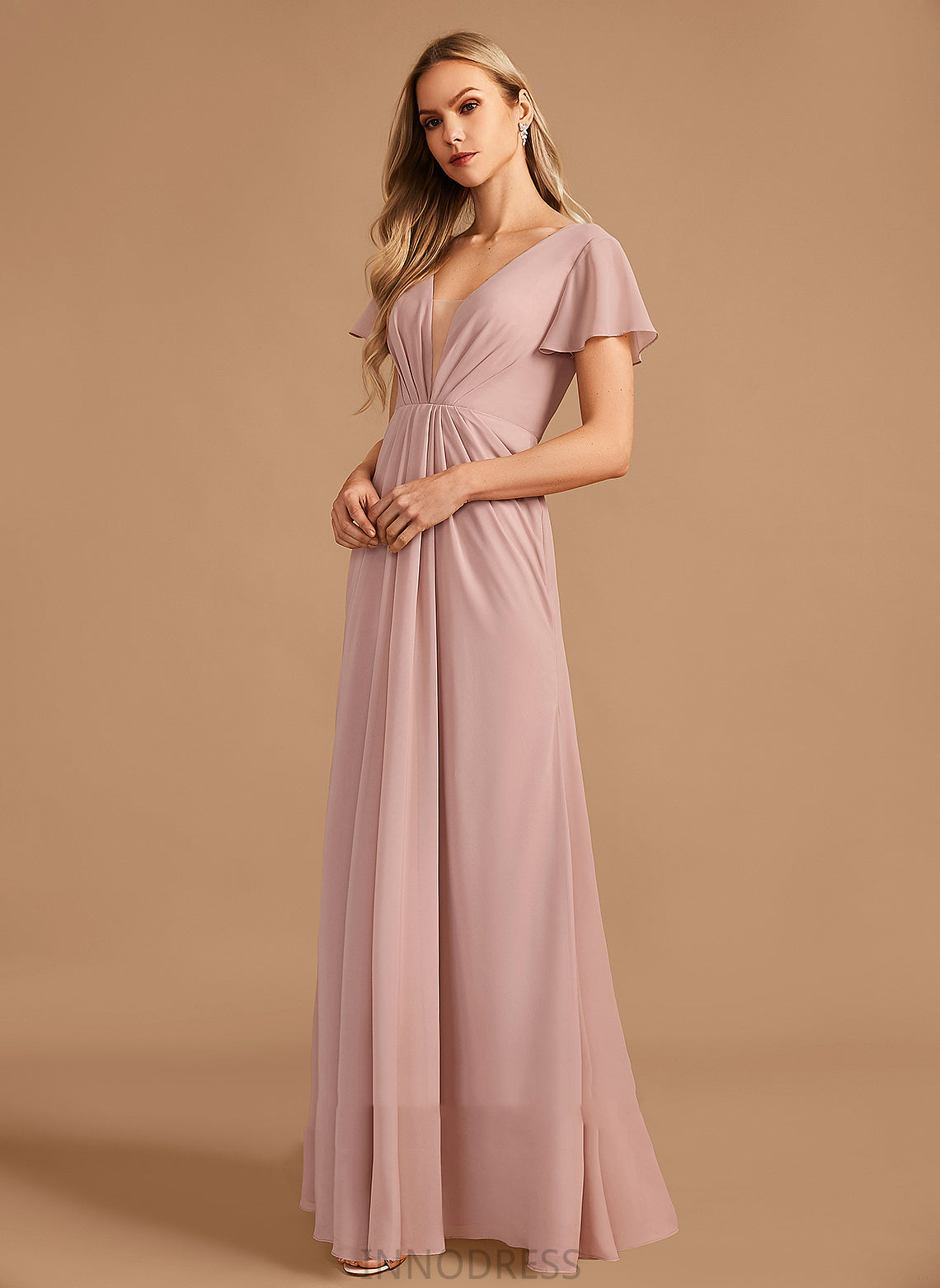 Fabric Floor-Length A-Line Length Ruffle Embellishment V-neck Silhouette Neckline Millie One Shoulder Sleeveless Bridesmaid Dresses