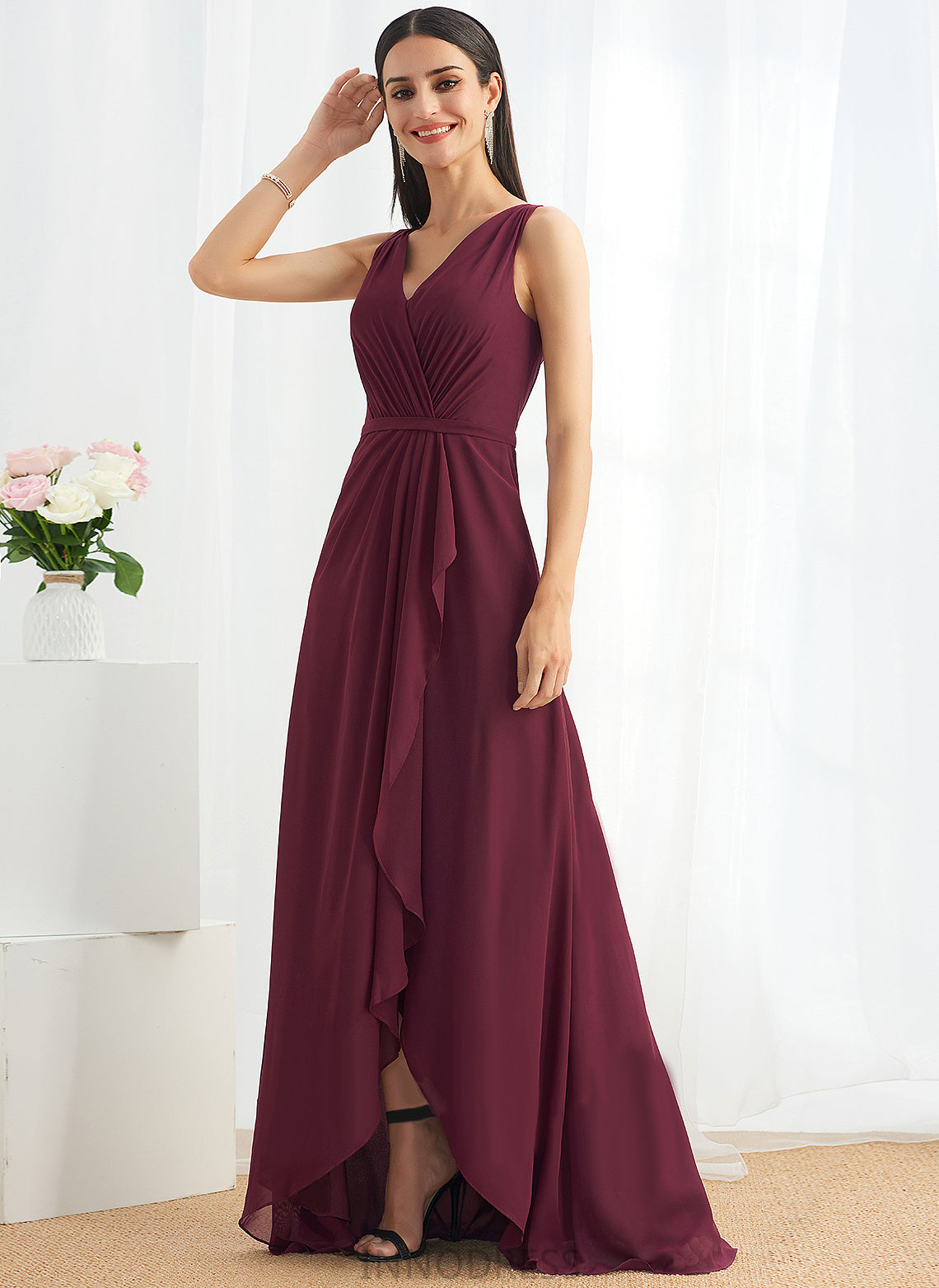 Embellishment Length Neckline A-Line SplitFront Asymmetrical Silhouette Fabric V-neck Ginny Cap Sleeves Natural Waist Bridesmaid Dresses