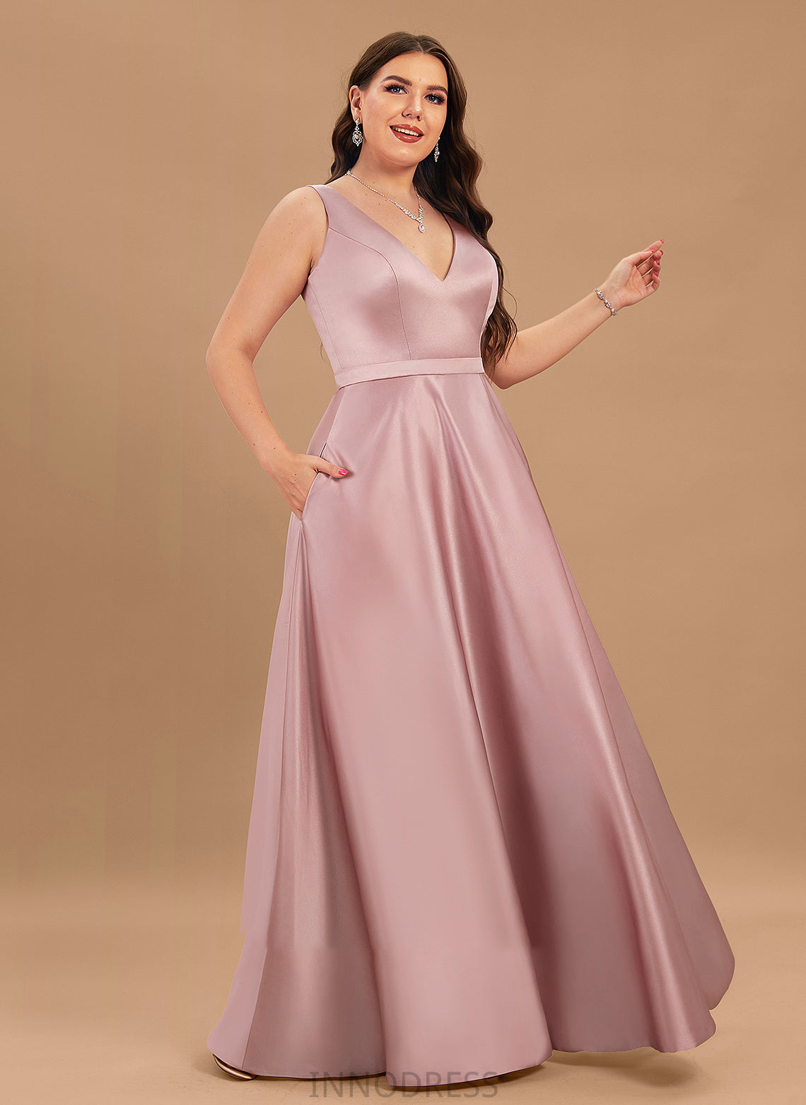 Floor-Length Pockets Satin Prom Dresses V-neck Jayleen With Ball-Gown/Princess