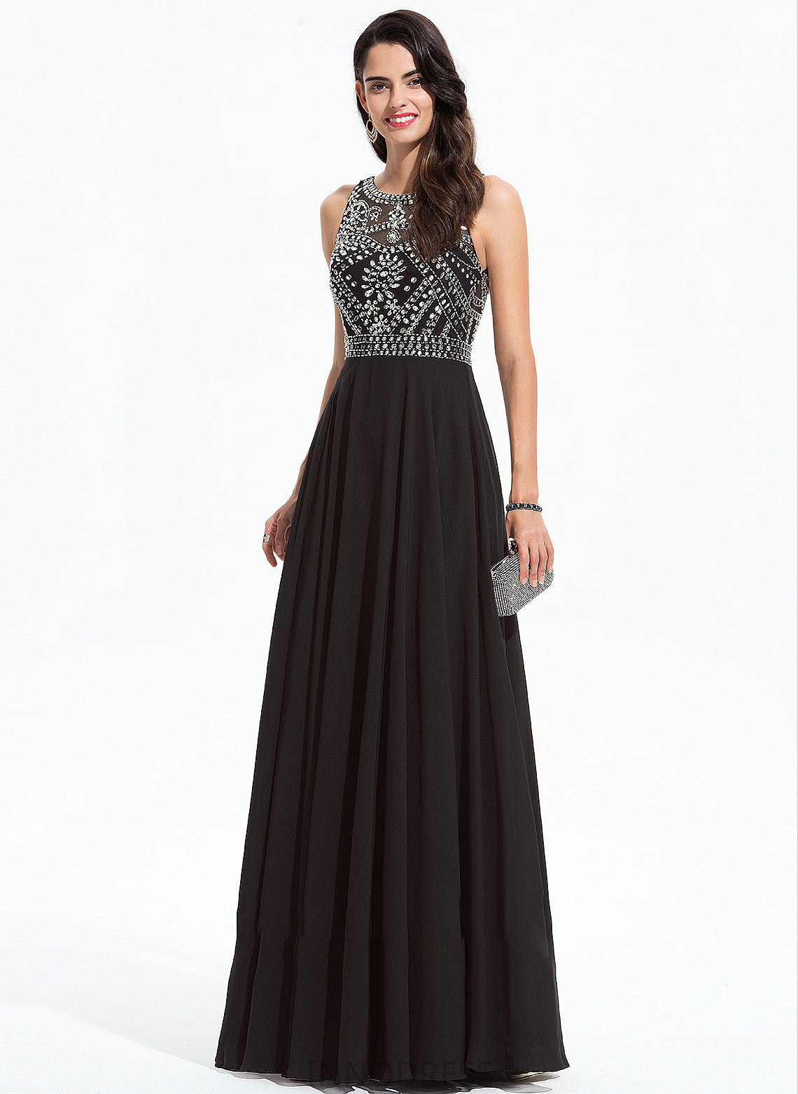 Claudia Neck Beading Floor-Length With Chiffon Scoop A-Line Prom Dresses Sequins