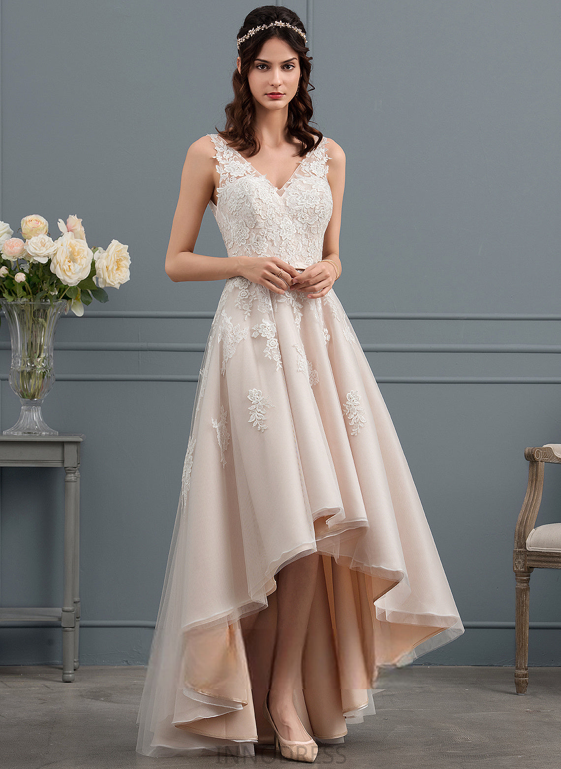 Bow(s) Carolina Asymmetrical Tulle V-neck Wedding Wedding Dresses Satin A-Line Dress With Lace