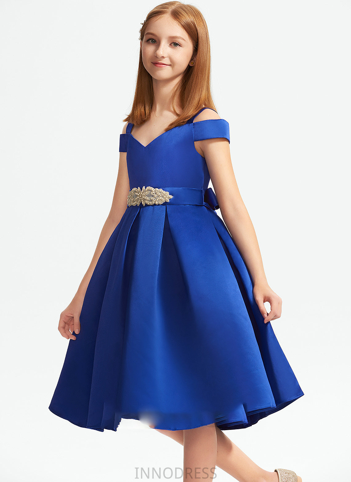 Beading Junior Bridesmaid Dresses With Satin Knee-Length A-Line Briley Bow(s) Off-the-Shoulder