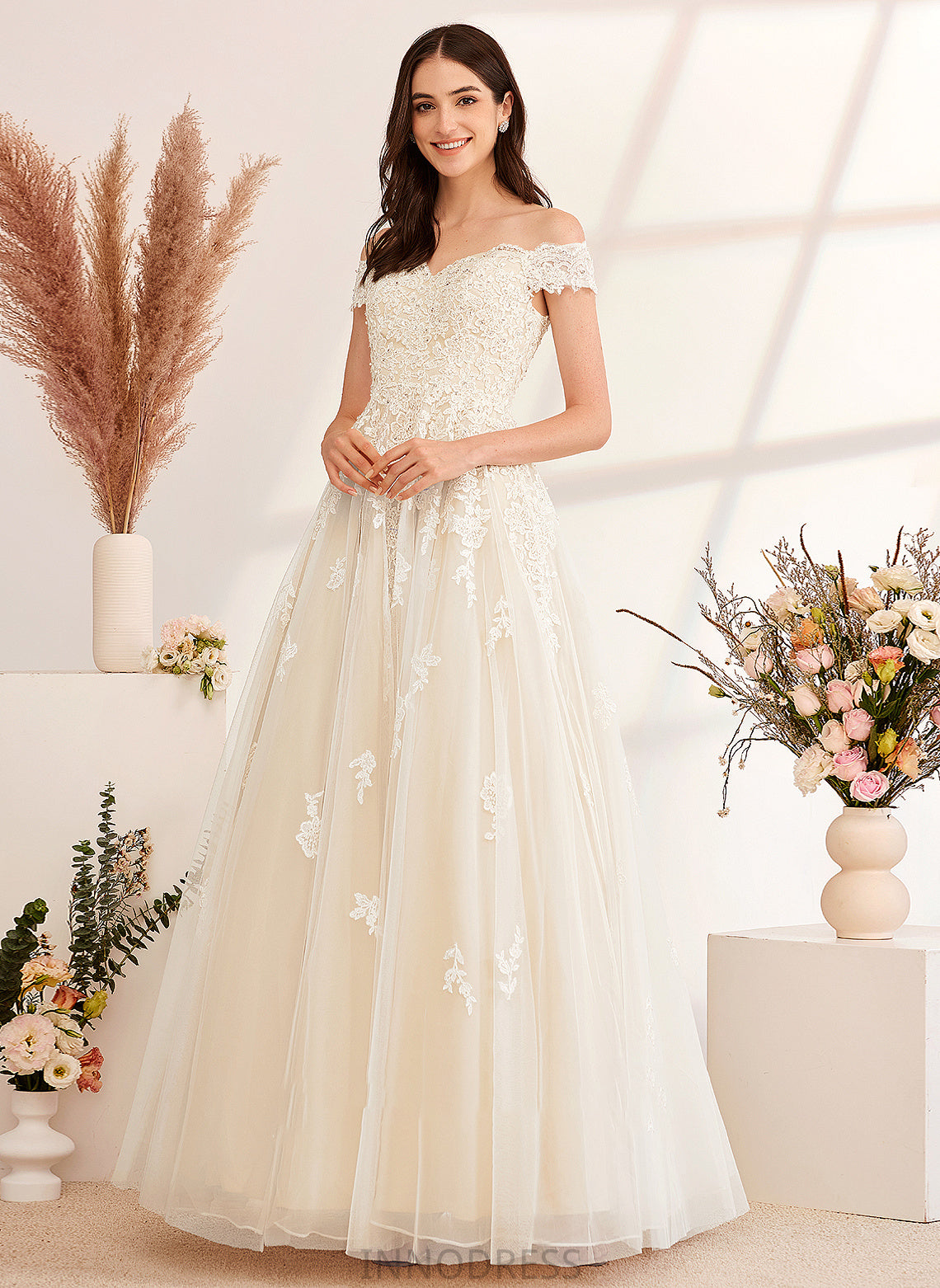 Ball-Gown/Princess Margaret Dress Wedding Dresses Beading Floor-Length With Wedding Off-the-Shoulder Sequins