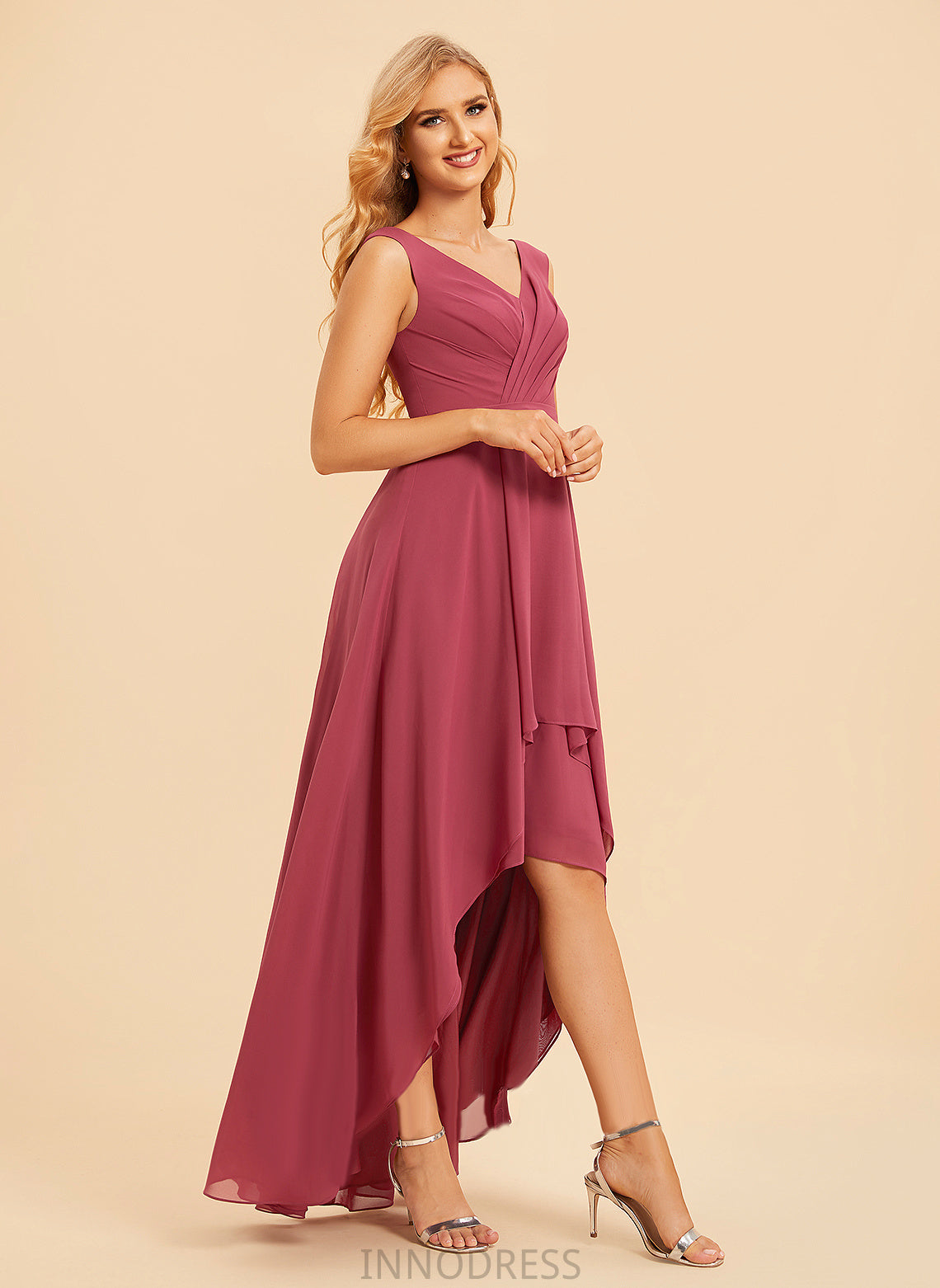 Asymmetrical Length V-neck A-Line Embellishment Ruffle Fabric Neckline Silhouette Sandra Sheath/Column Sleeveless Bridesmaid Dresses