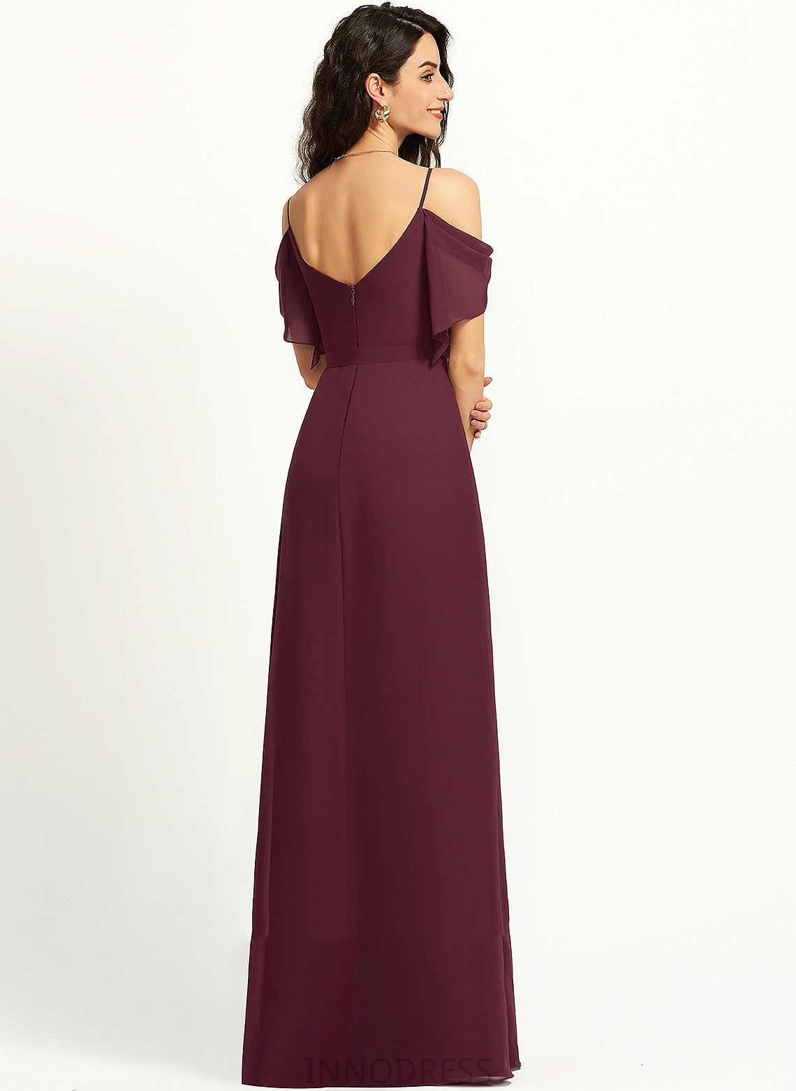 A-Line Fabric Silhouette Floor-Length SplitFront V-neck Neckline Embellishment Ruffle Length Sash Charlotte Bridesmaid Dresses