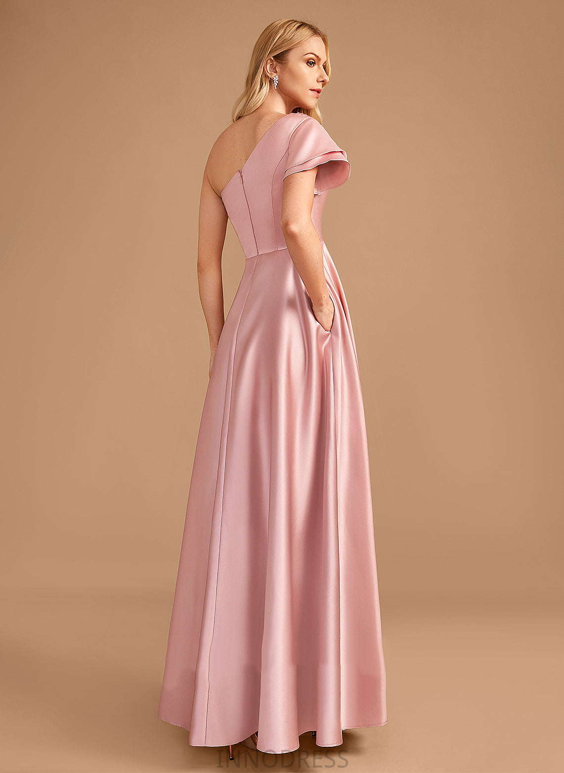 One-Shoulder Embellishment Fabric Neckline Silhouette A-Line Floor-Length Length SplitFront Elaine Natural Waist V-Neck Bridesmaid Dresses