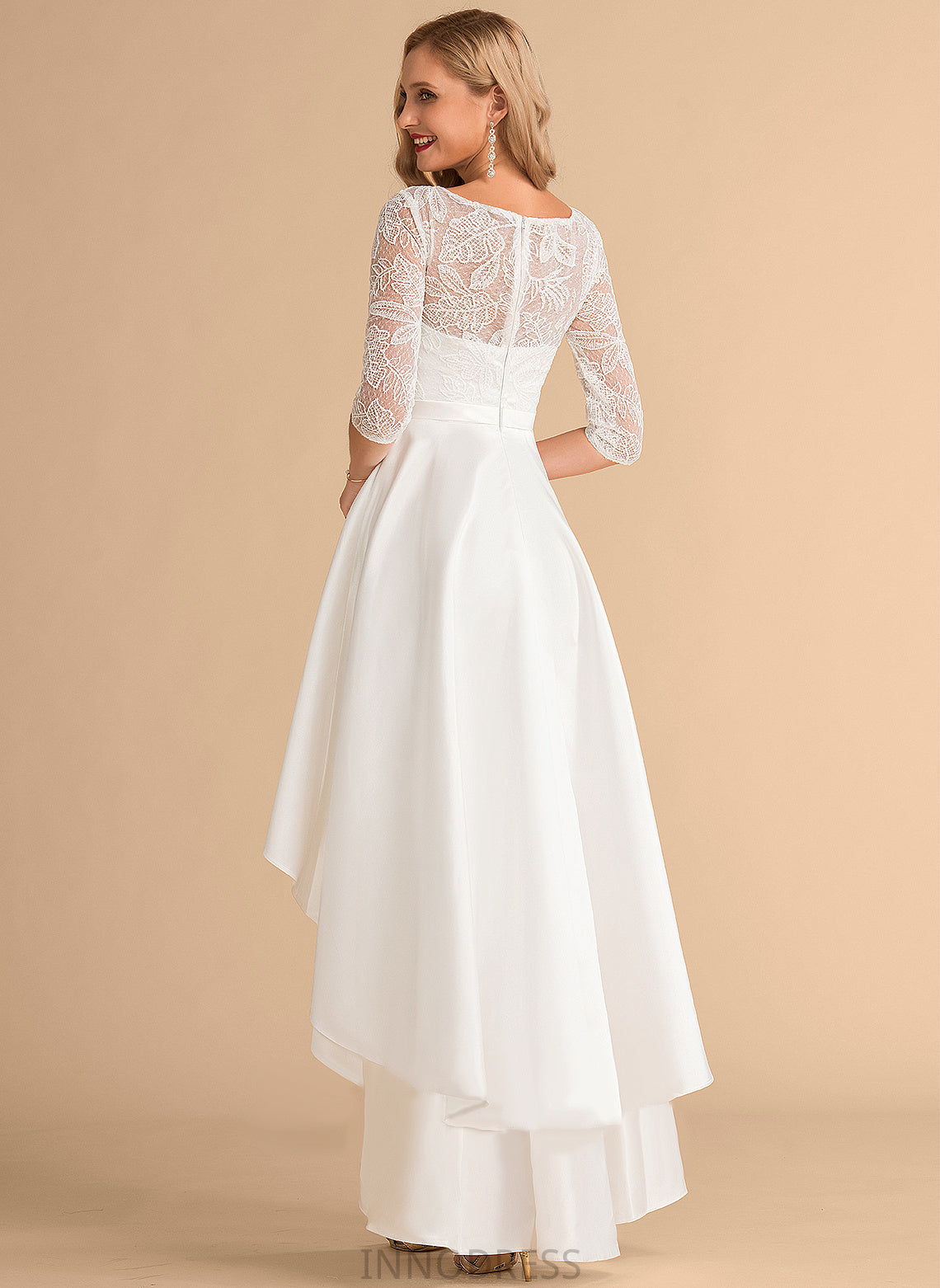 Joanna Wedding Scoop Asymmetrical Dress Satin Lace Wedding Dresses A-Line