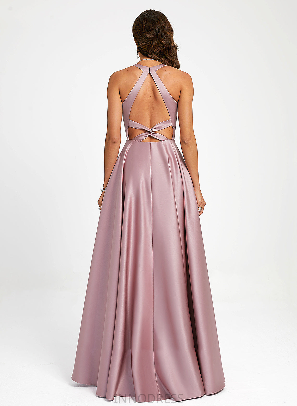 A-Line Luna Floor-Length Satin V-neck Prom Dresses