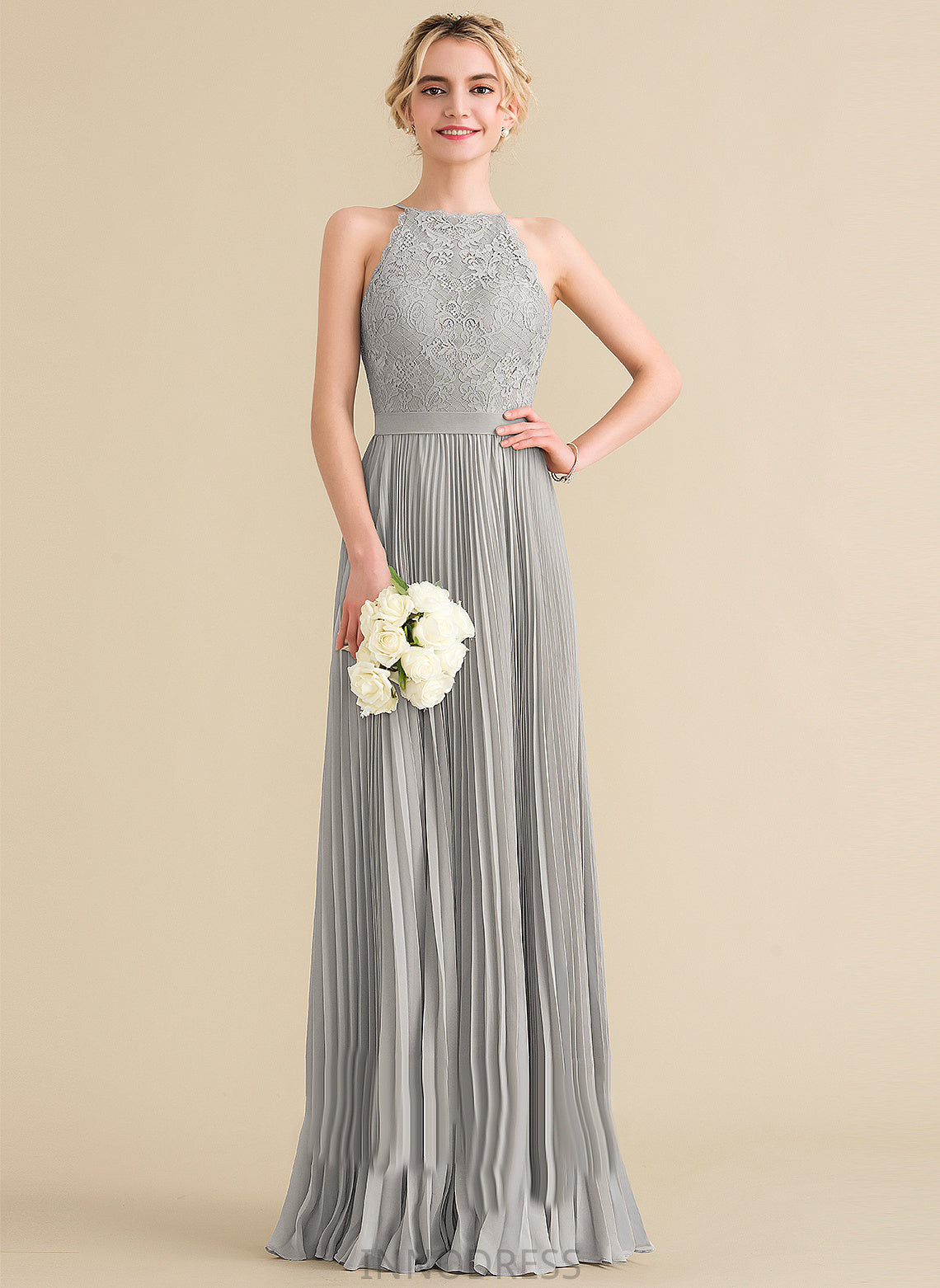 Silhouette Neckline Length Embellishment Scoop A-Line Fabric Floor-Length Pleated Sal Bridesmaid Dresses