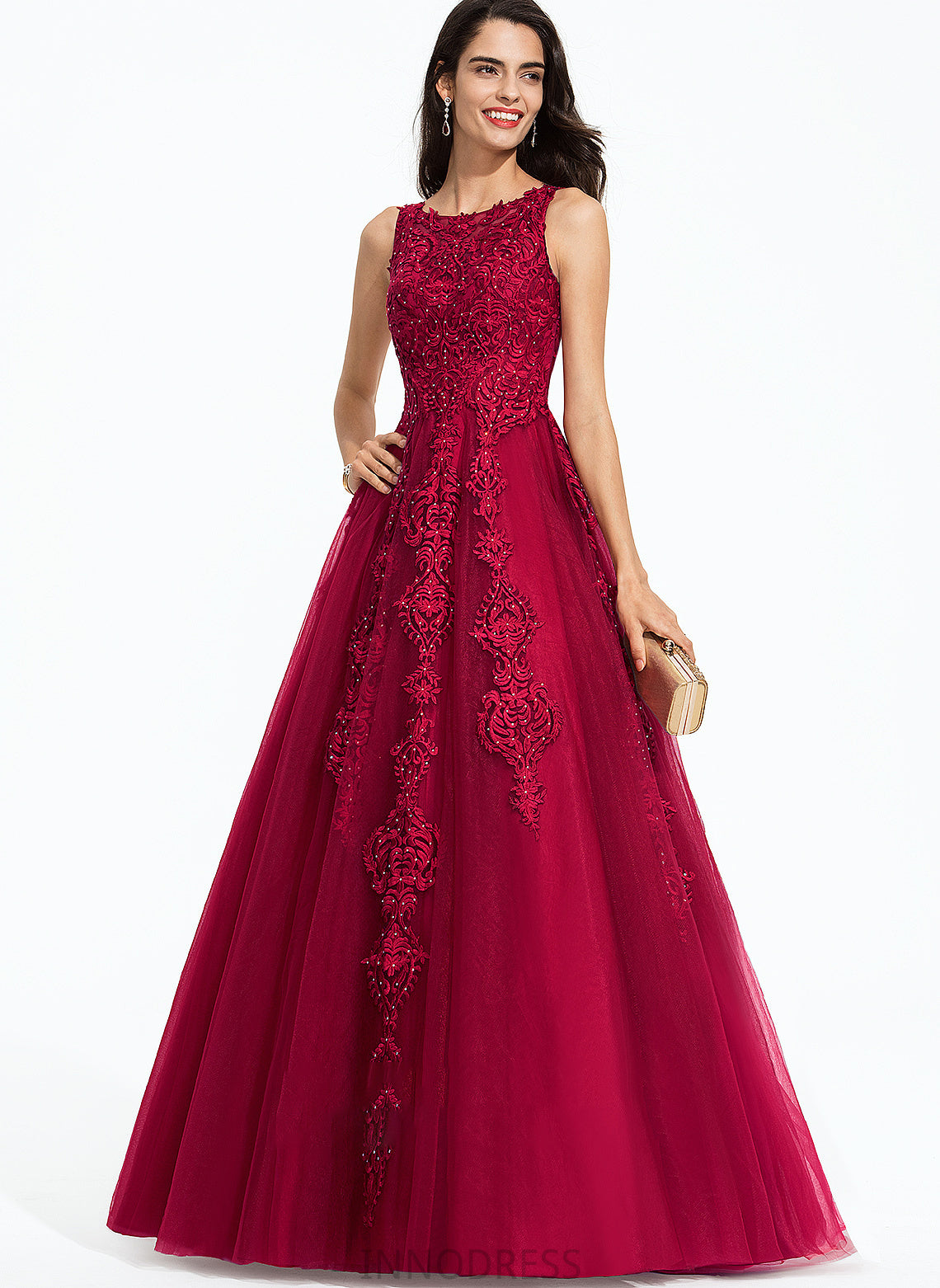 Ball-Gown/Princess Sweep Neck Train Scoop With Gloria Beading Tulle Prom Dresses