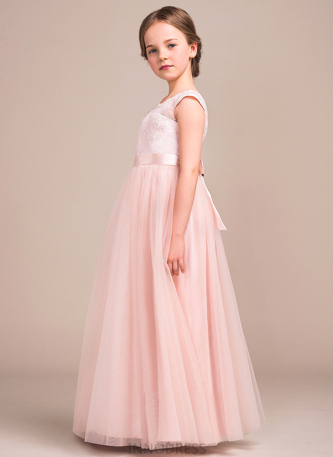 Junior Bridesmaid Dresses Scoop Tulle Bow(s) With Neck Floor-Length Brianna A-Line Lace