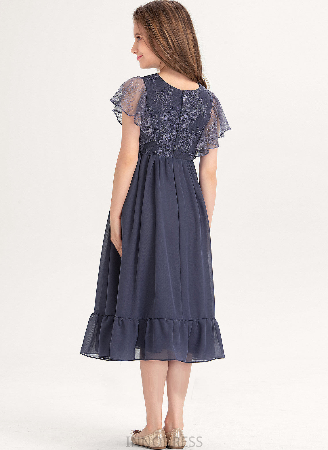 Lace Junior Bridesmaid Dresses With Scoop Cascading Denise Neck Knee-Length A-Line Ruffles Chiffon